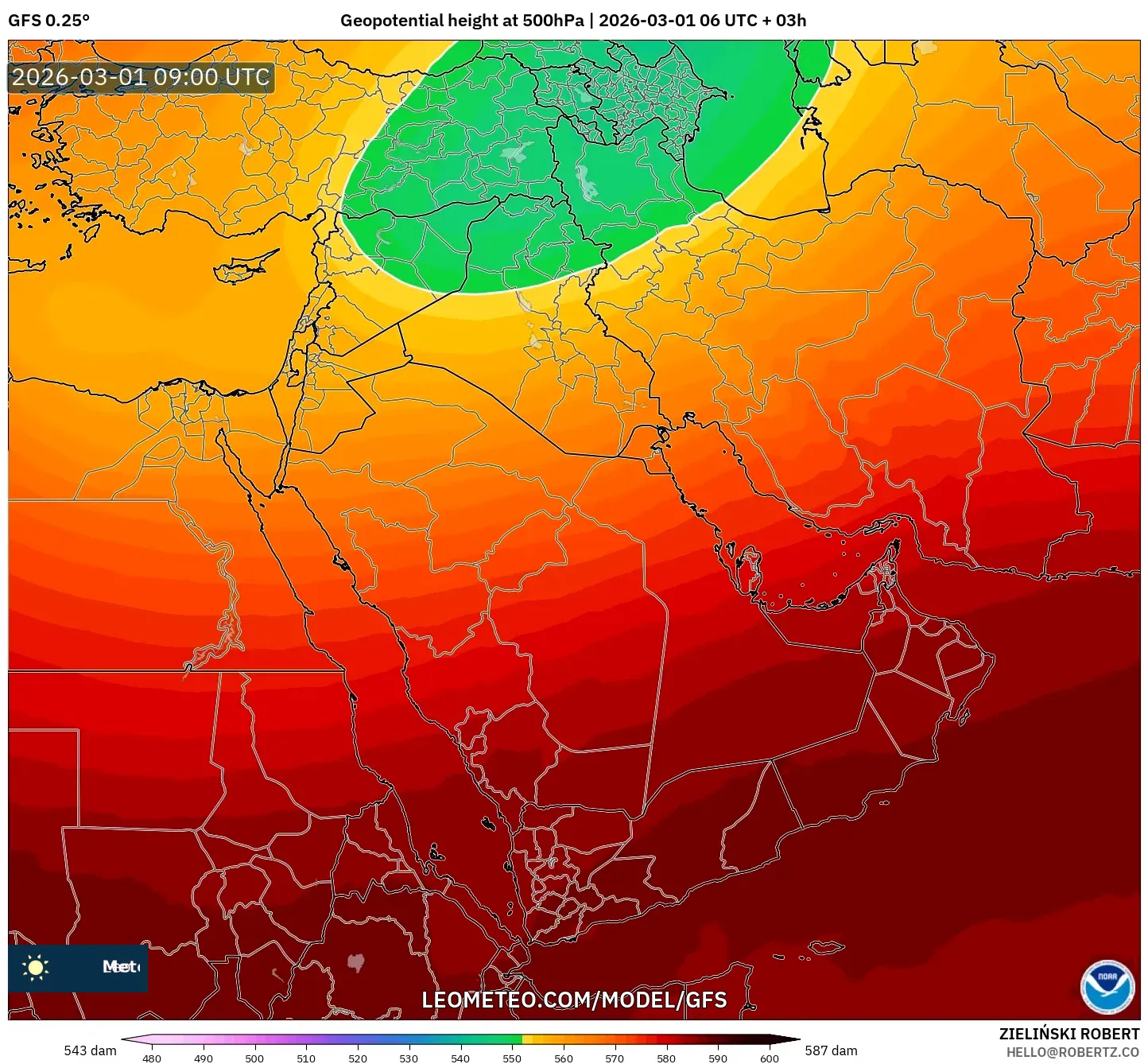 GFS model - Middle East, Geopotential height at 500hPa