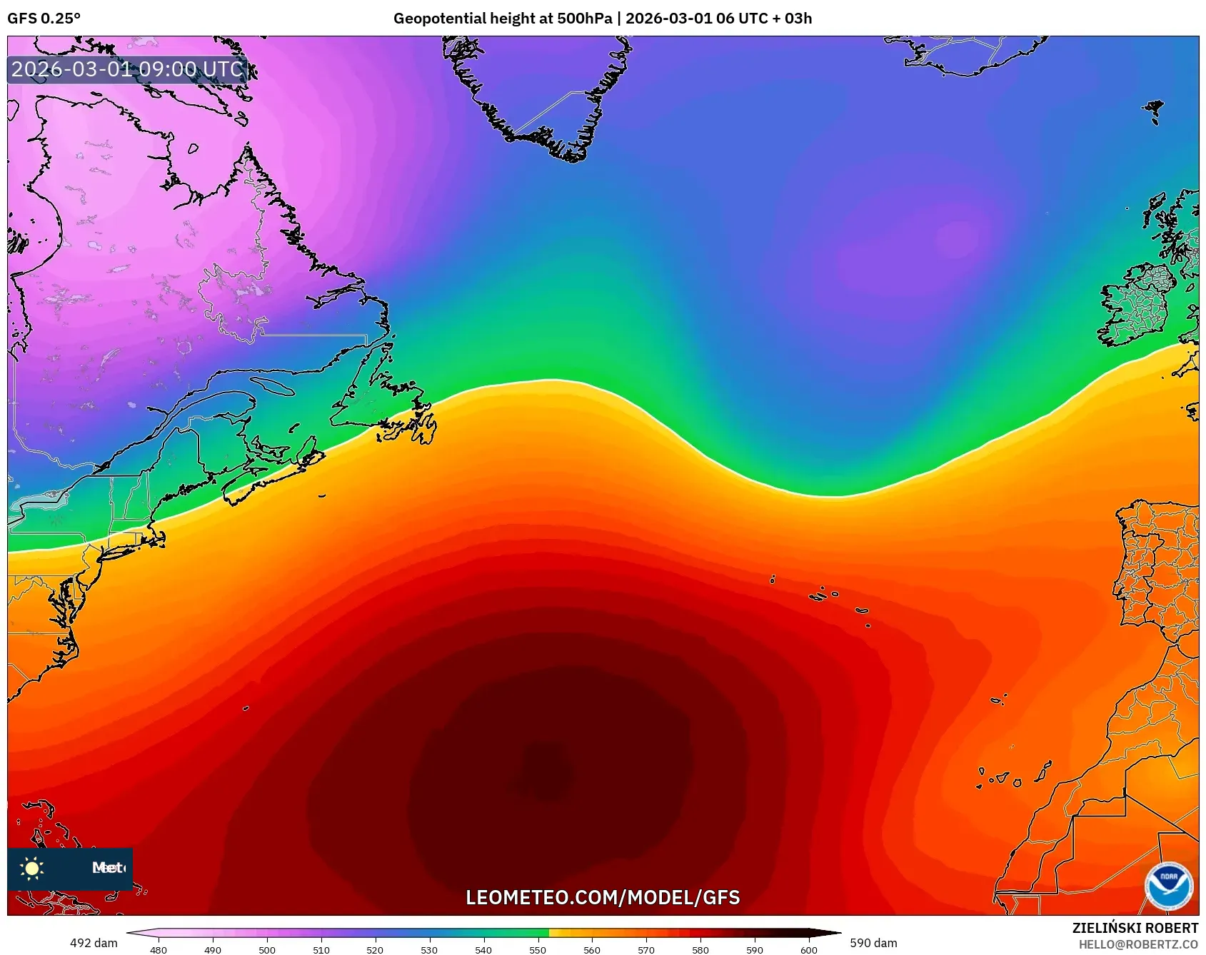 GFS model - North Atlantic, Geopotential height at 500hPa
