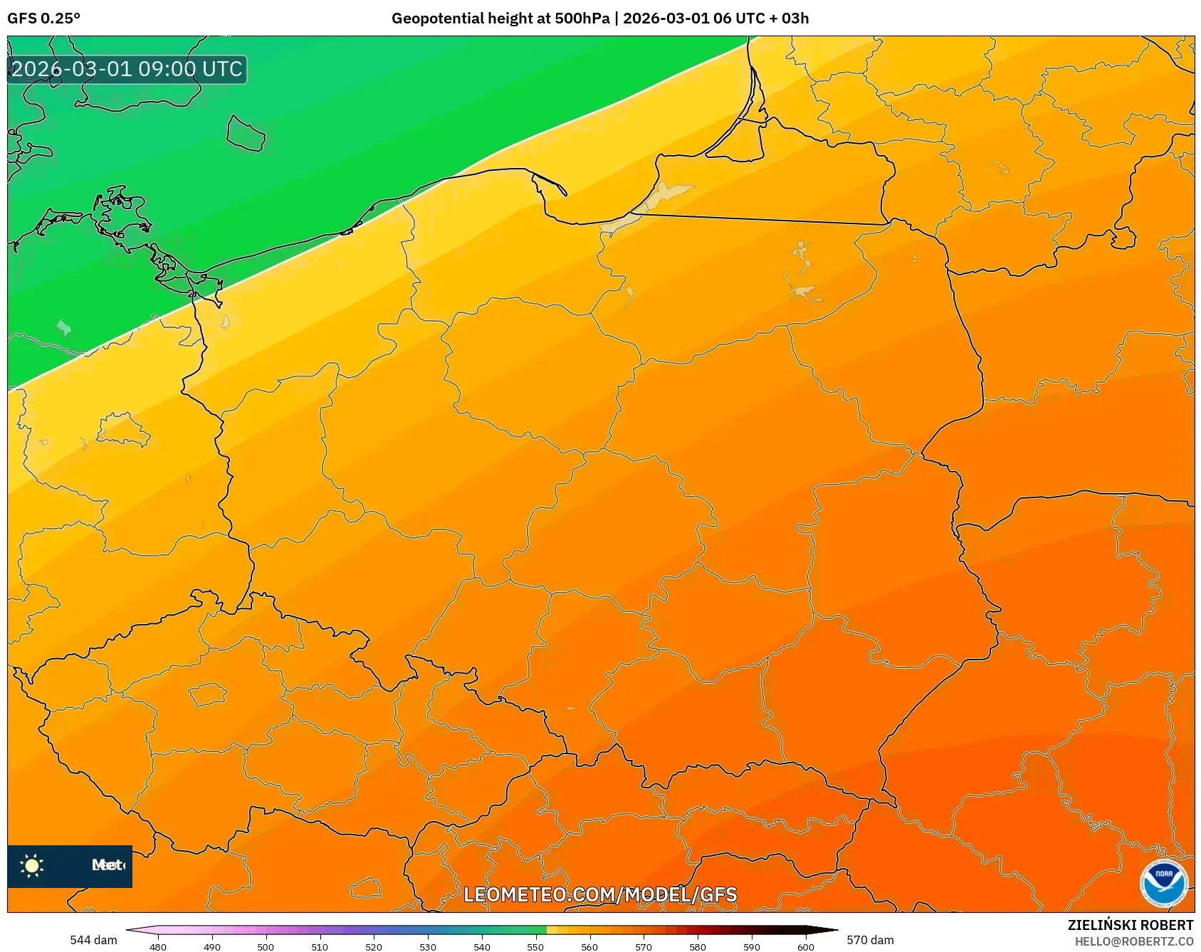 GFS model - Poland, Geopotential height at 500hPa
