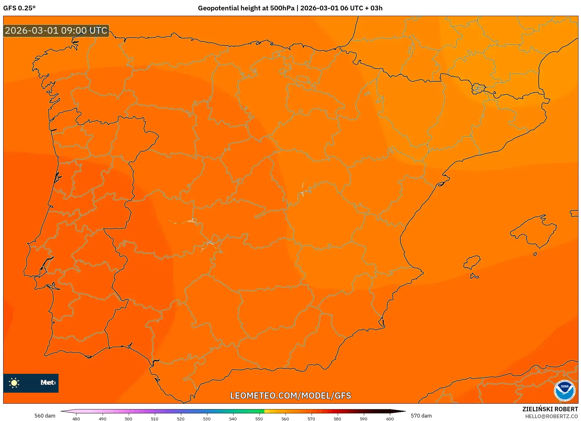 GFS model - Spain, Geopotential height at 500hPa