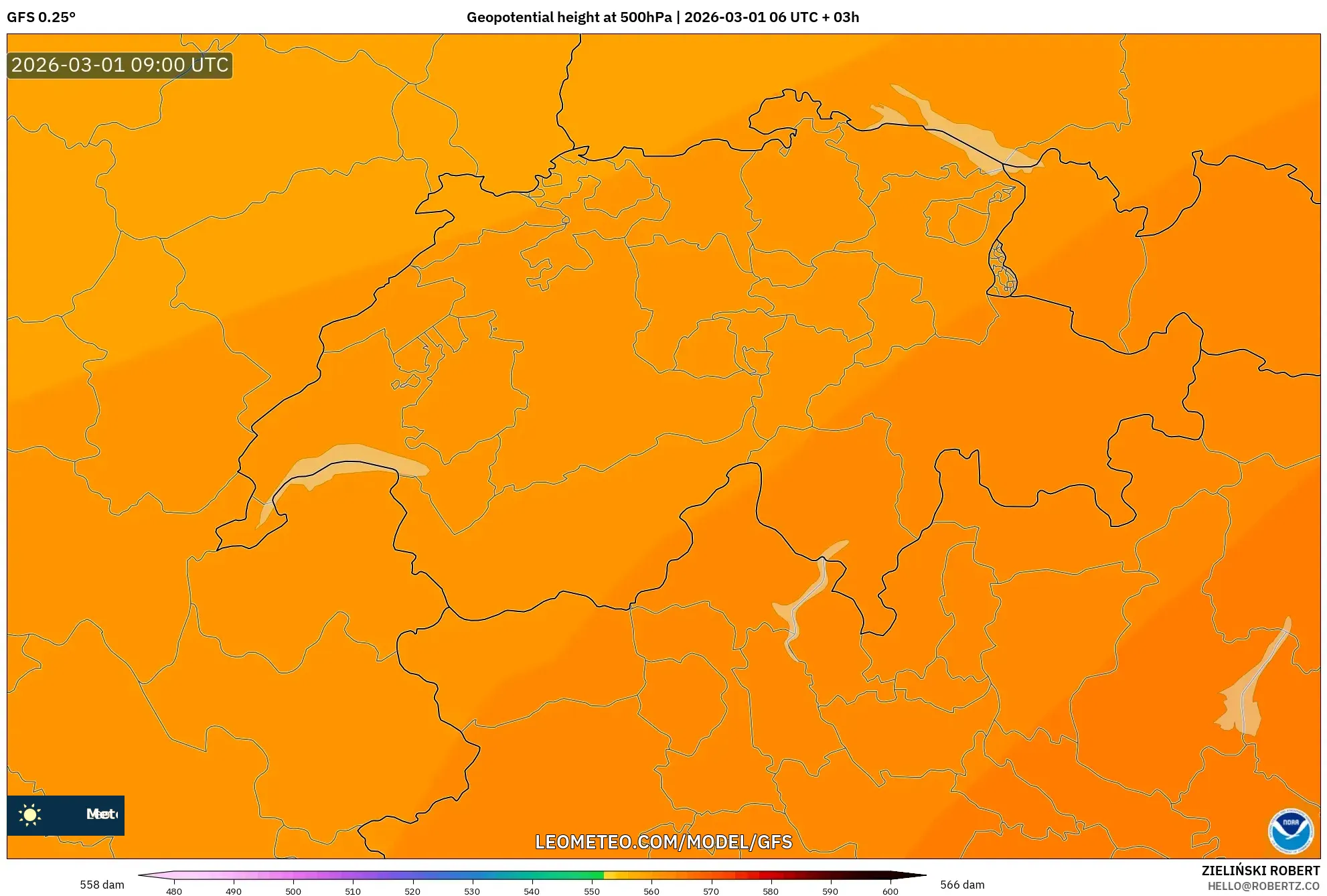GFS model - Switzerland, Geopotential height at 500hPa