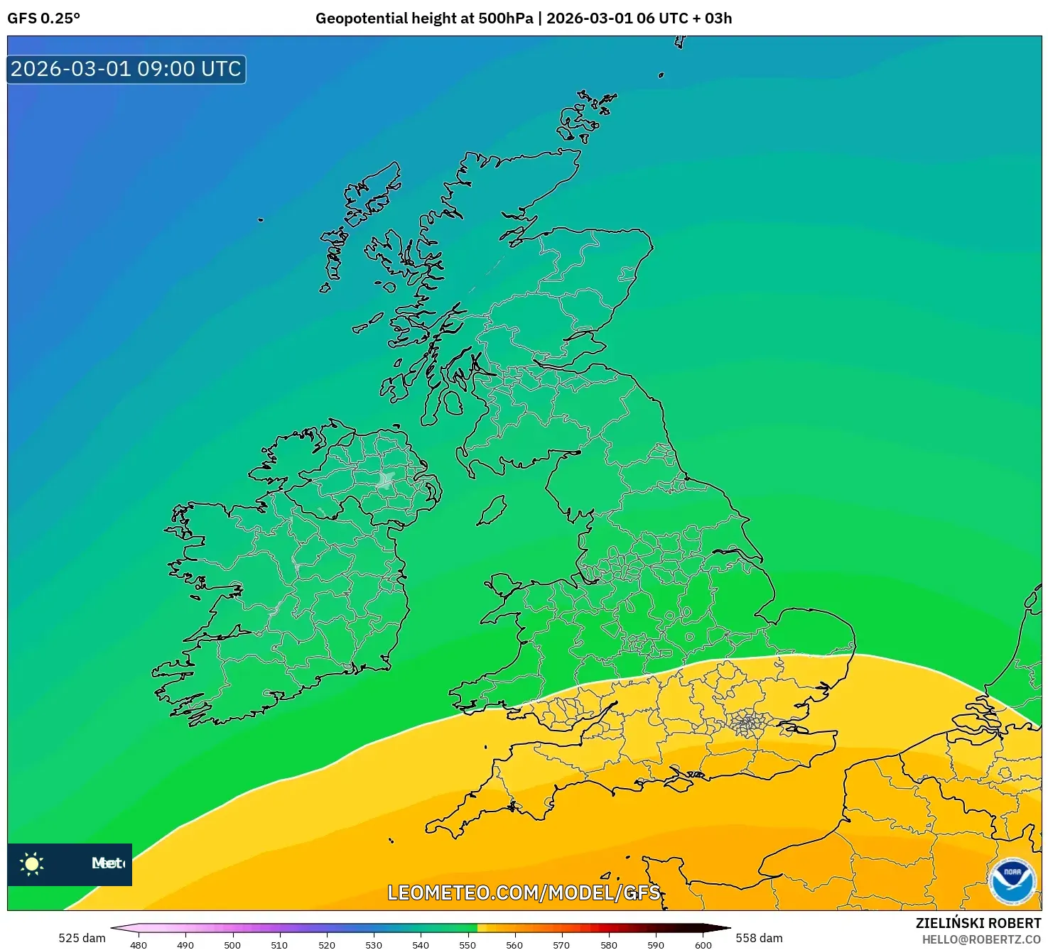 GFS model - United Kingdom, Geopotential height at 500hPa