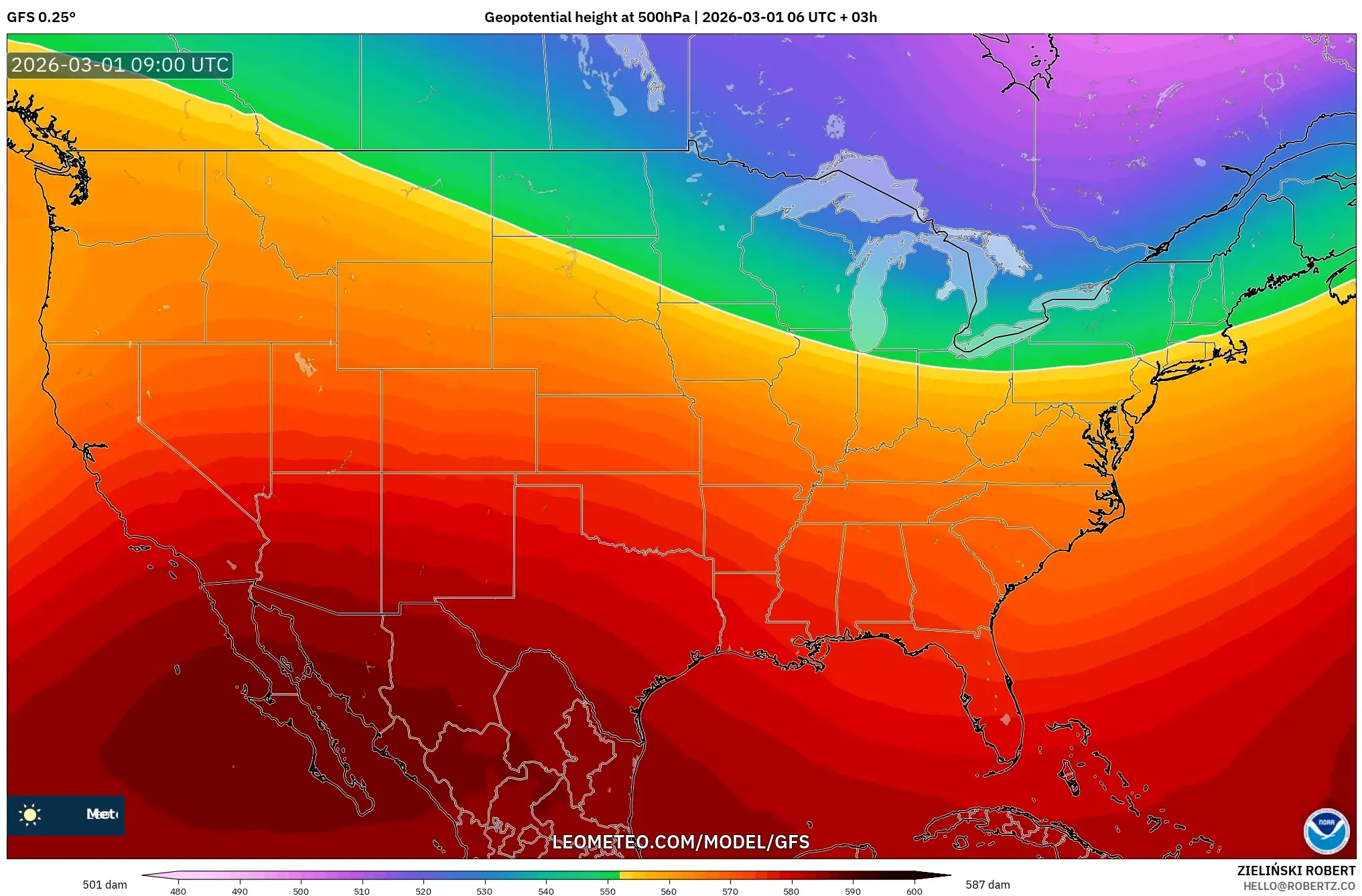 GFS model - United States, Geopotential height at 500hPa