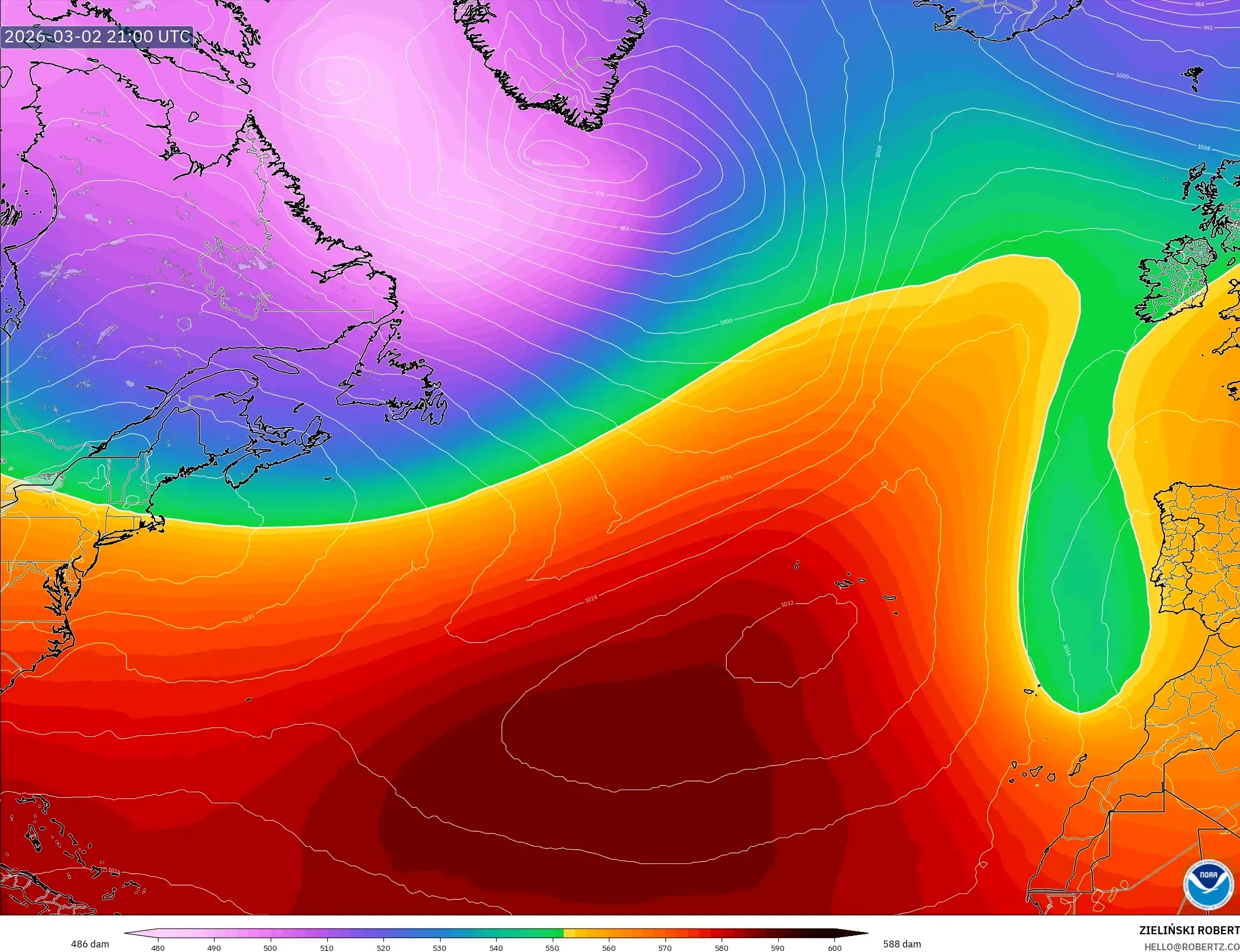 GFS model - North Atlantic, Geopotential height at 500hPa