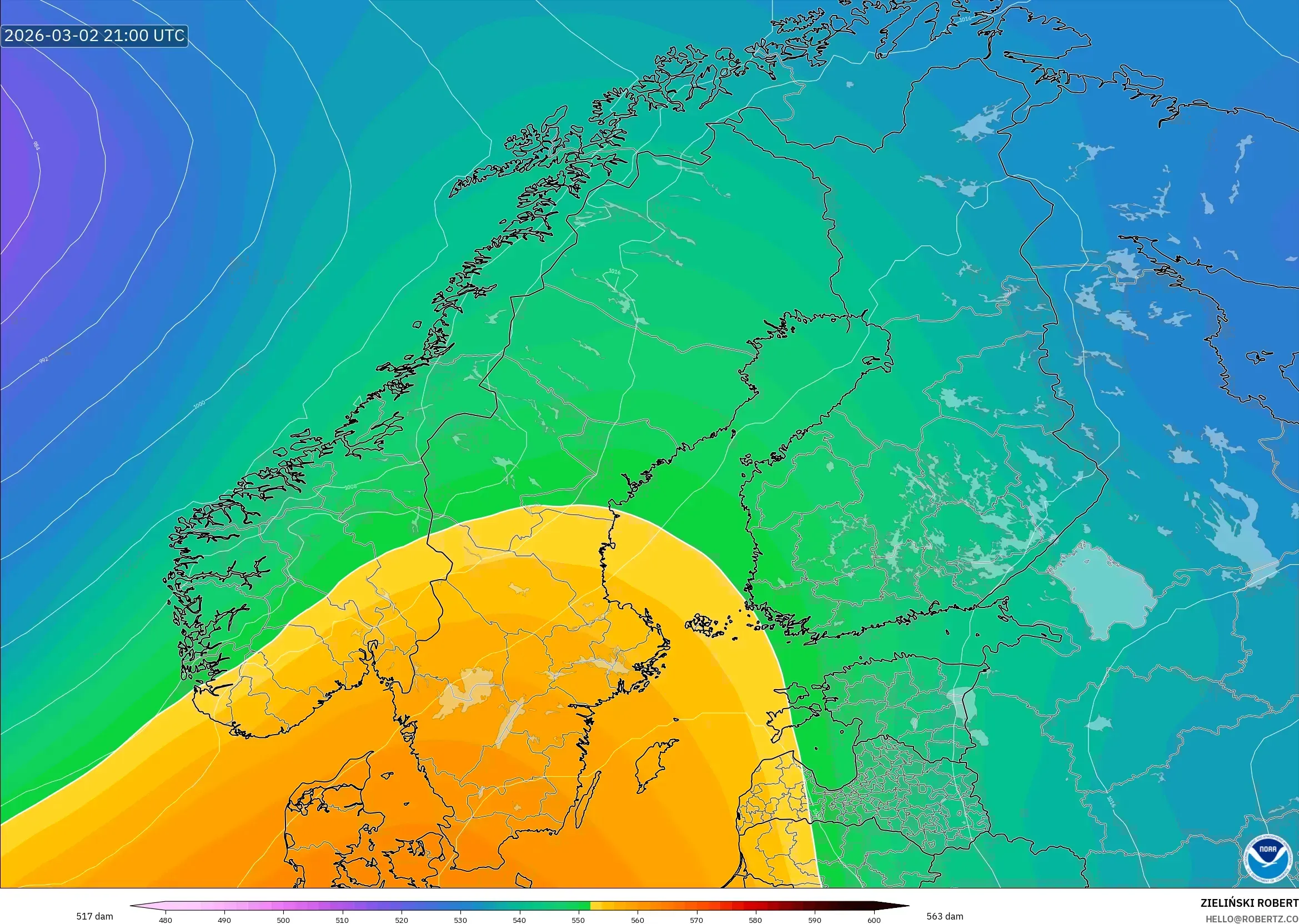 GFS model - Scandinavia, Geopotential height at 500hPa