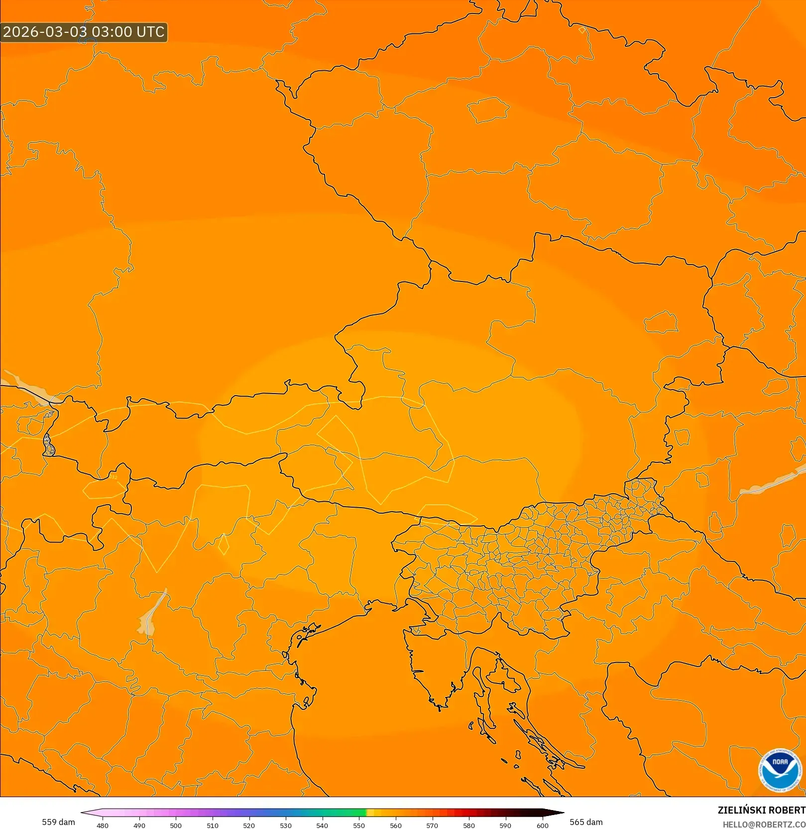 GFS model - Austria, Geopotential height at 500hPa