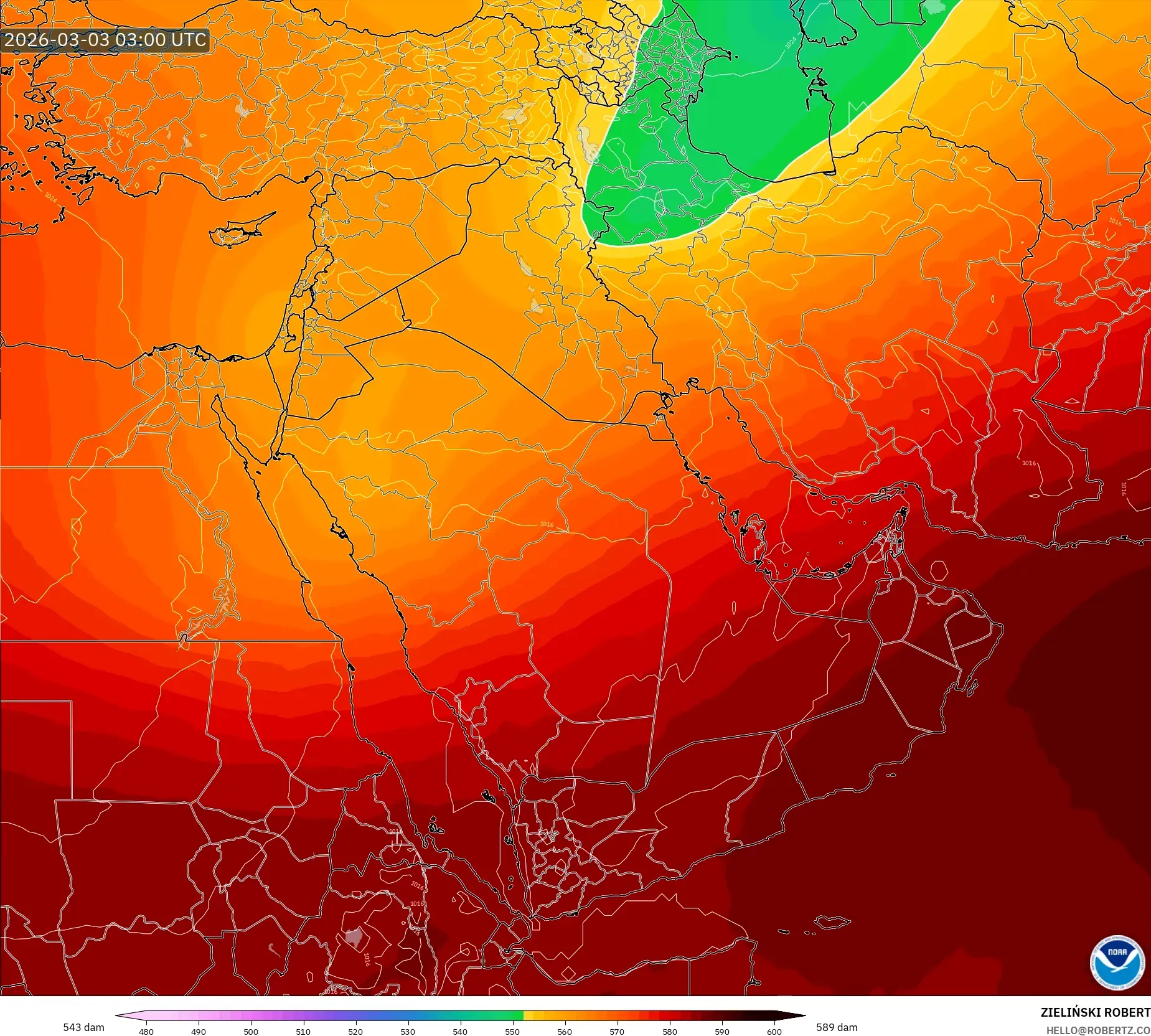 GFS model - Middle East, Geopotential height at 500hPa
