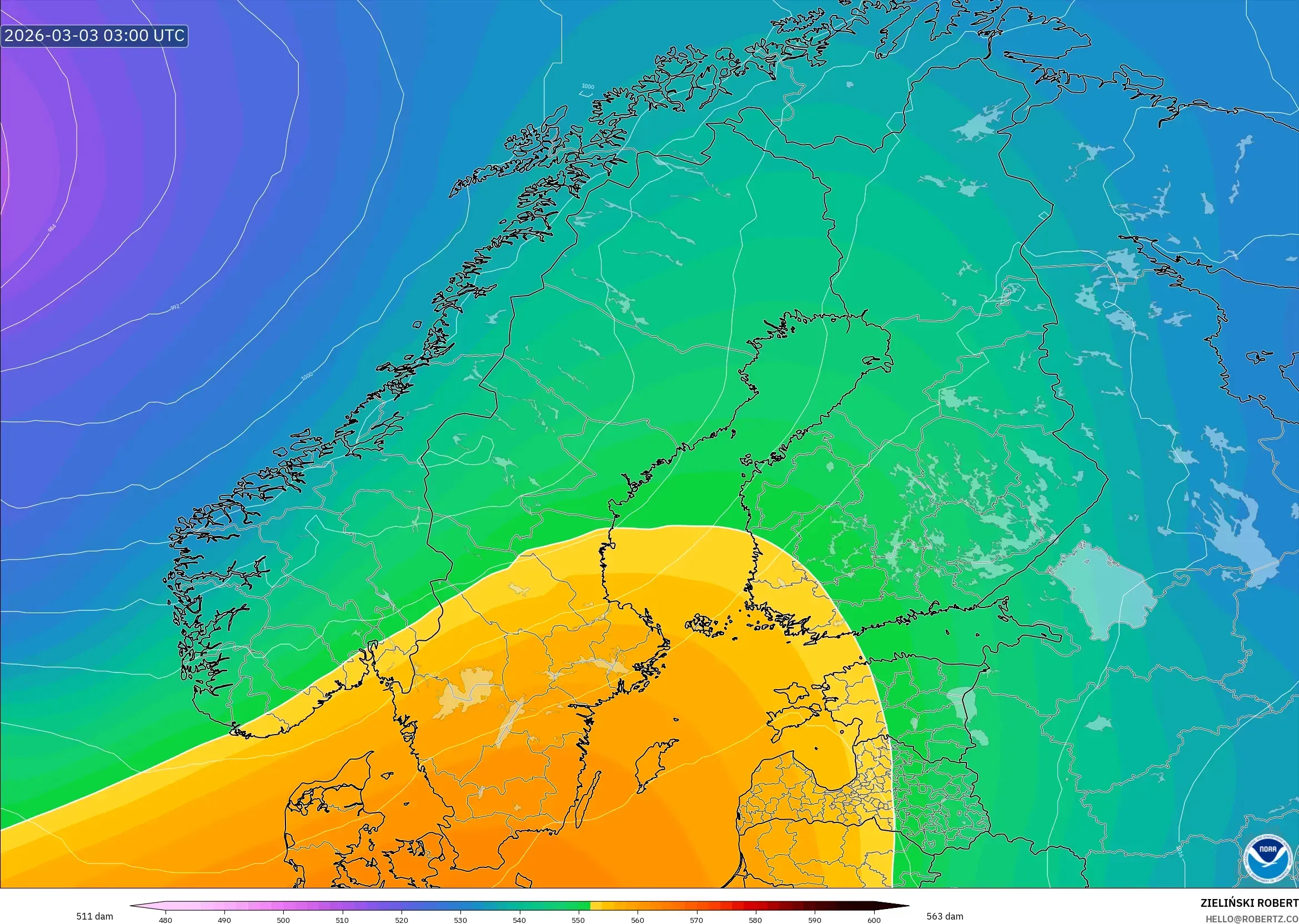 GFS model - Scandinavia, Geopotential height at 500hPa