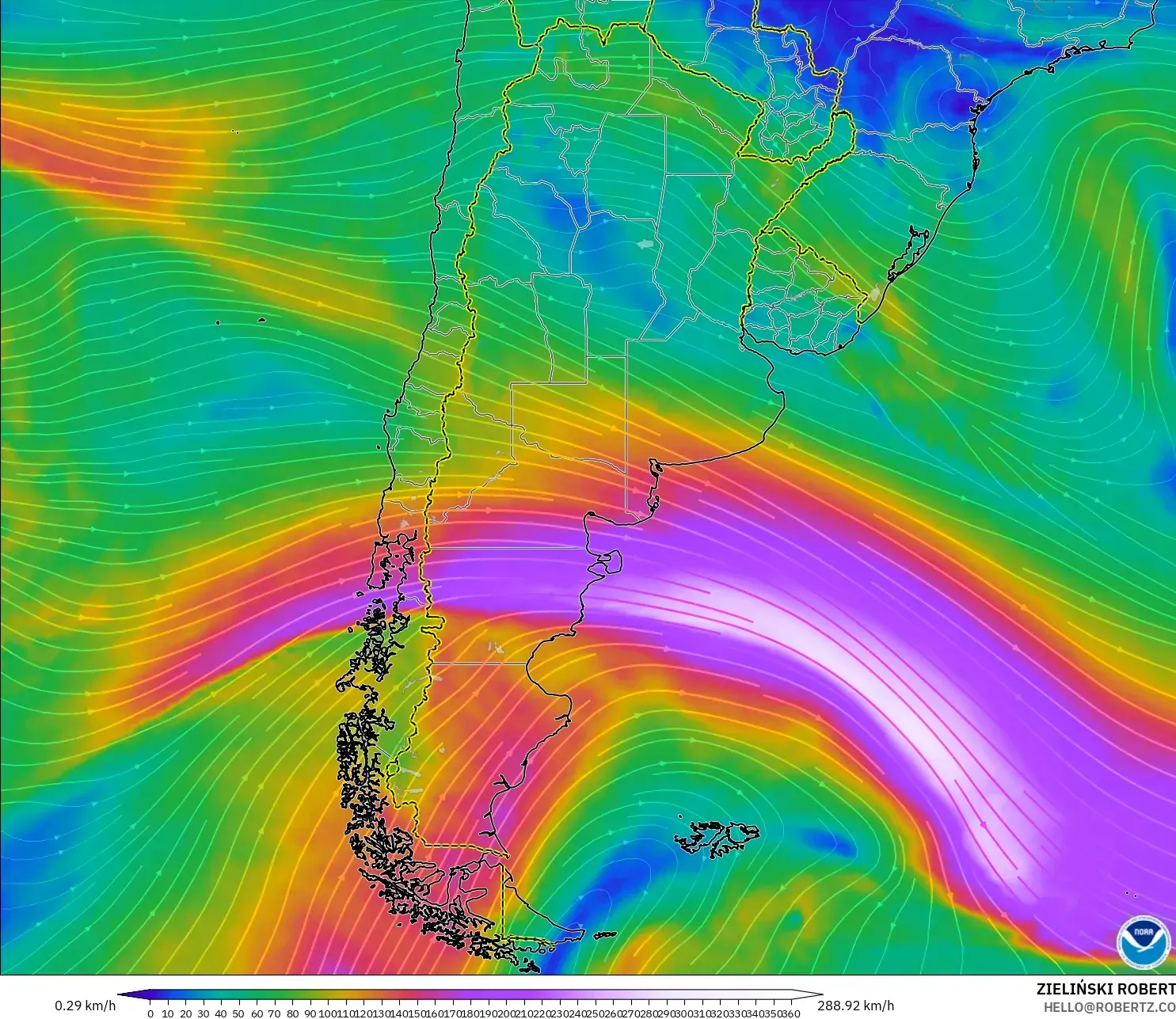 GFS model - Argentina, Wind at 300hPa (jet stream)