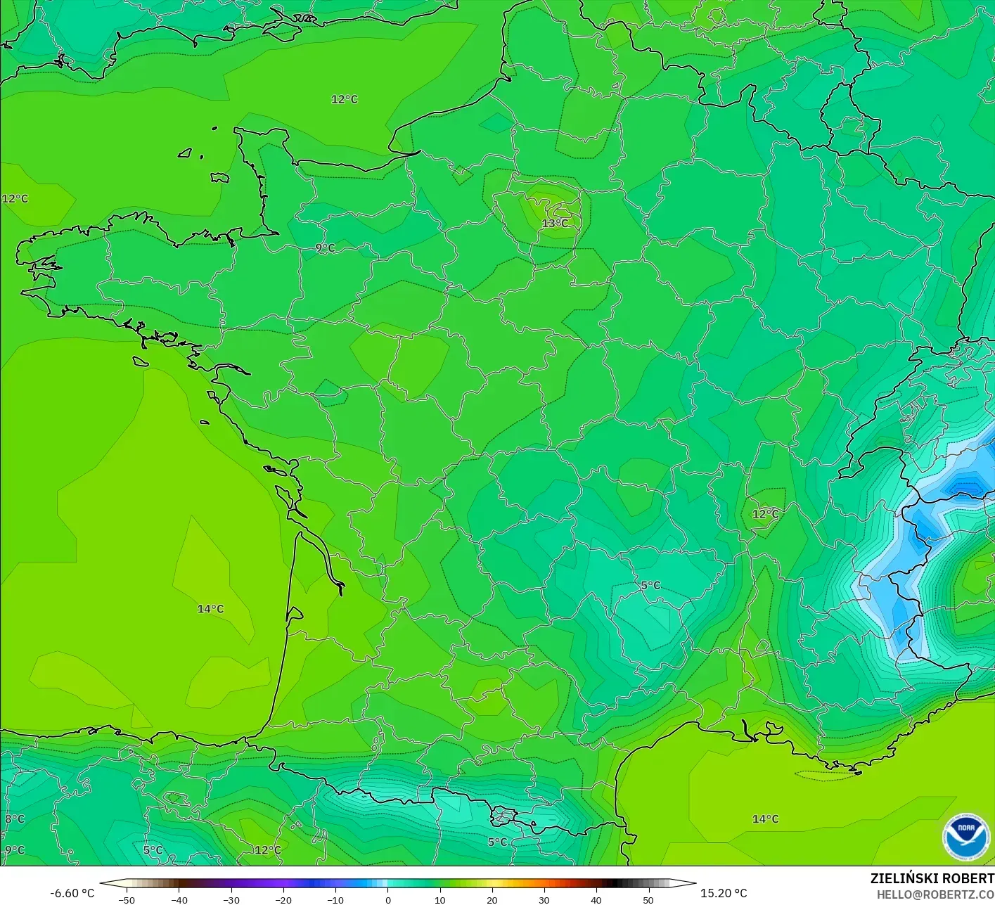 GFS model - France, Temperature at 2m