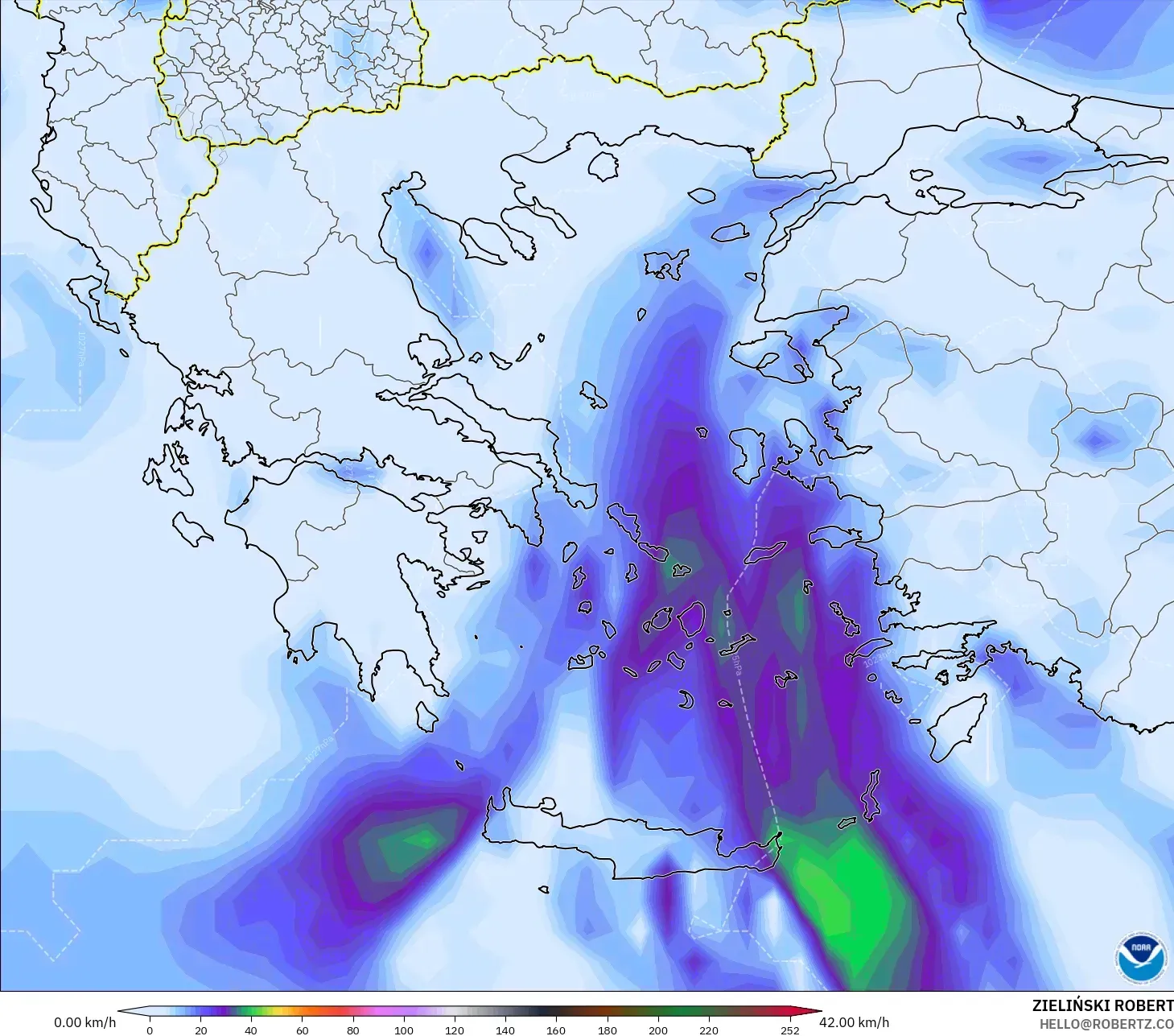 GFS model - Greece, Wind Gusts