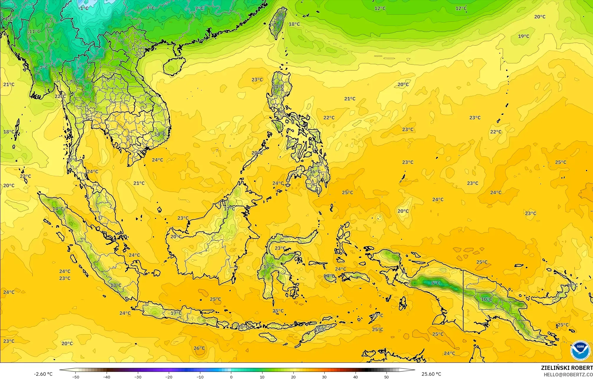 GFS model - South East Asia, Dewpoint at 2m
