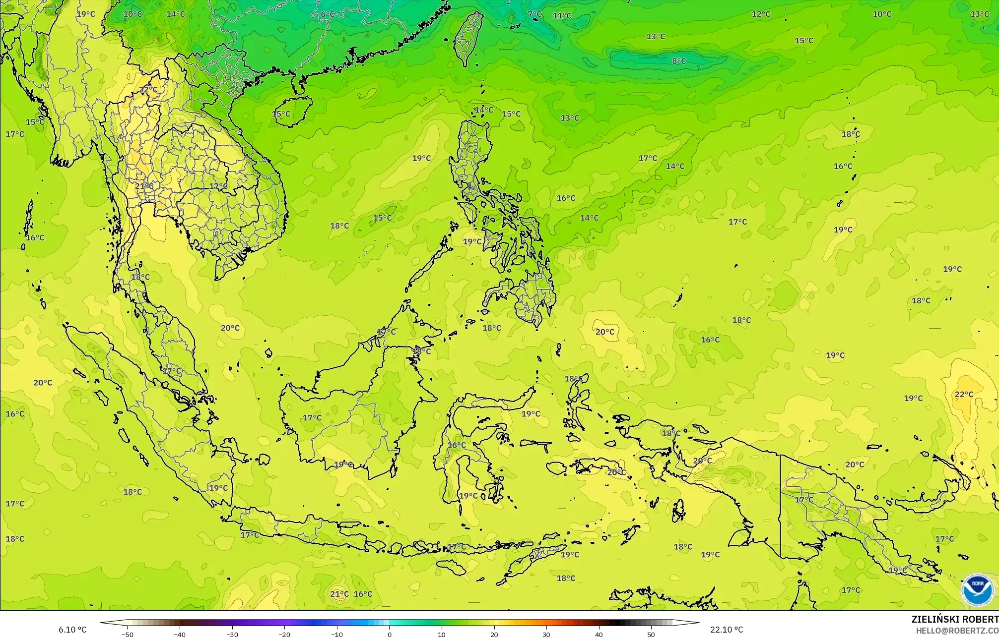 GFS model - South East Asia, Temperature at 850hPa