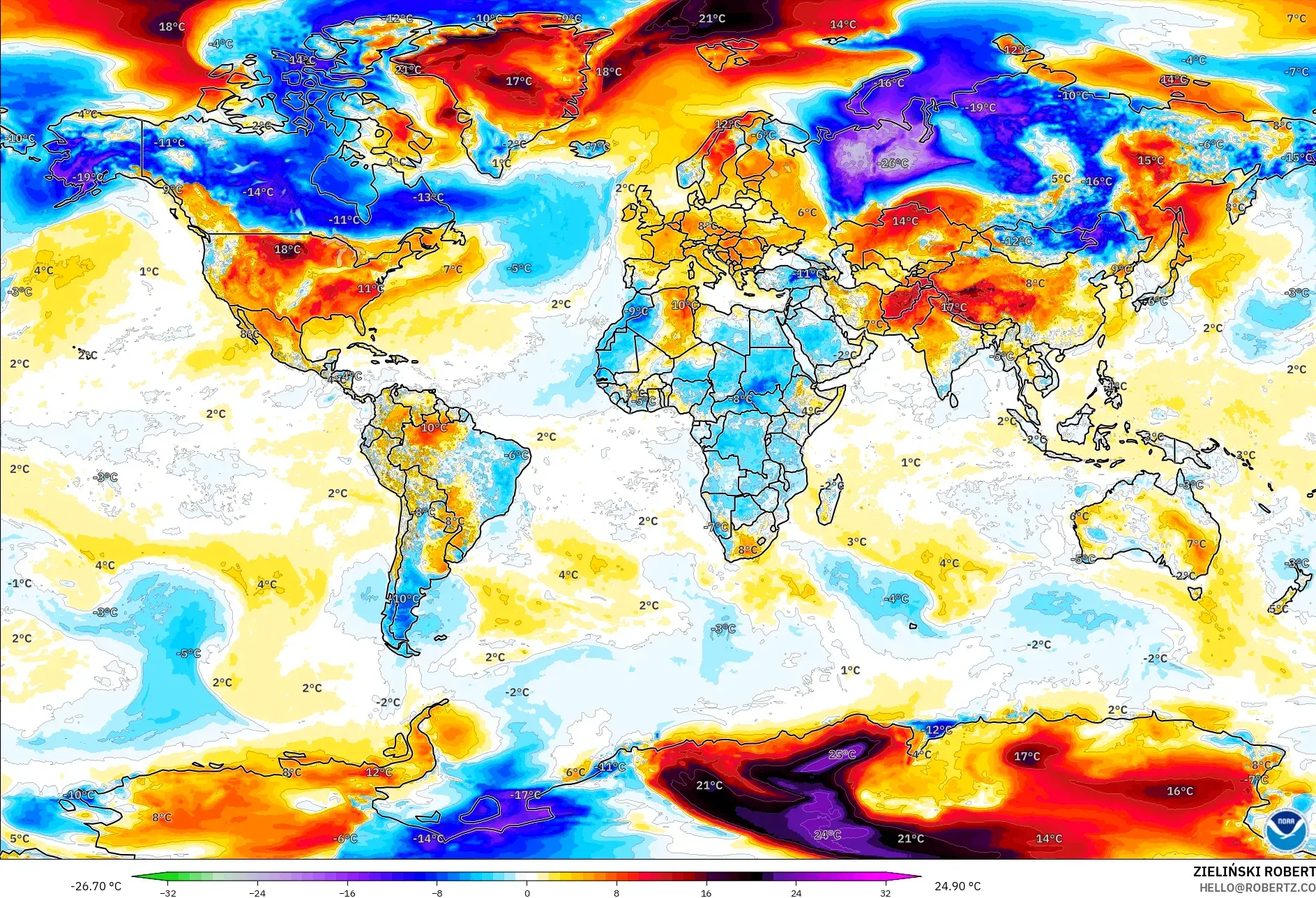 GFS model - World, Temperature at 2m Anomaly