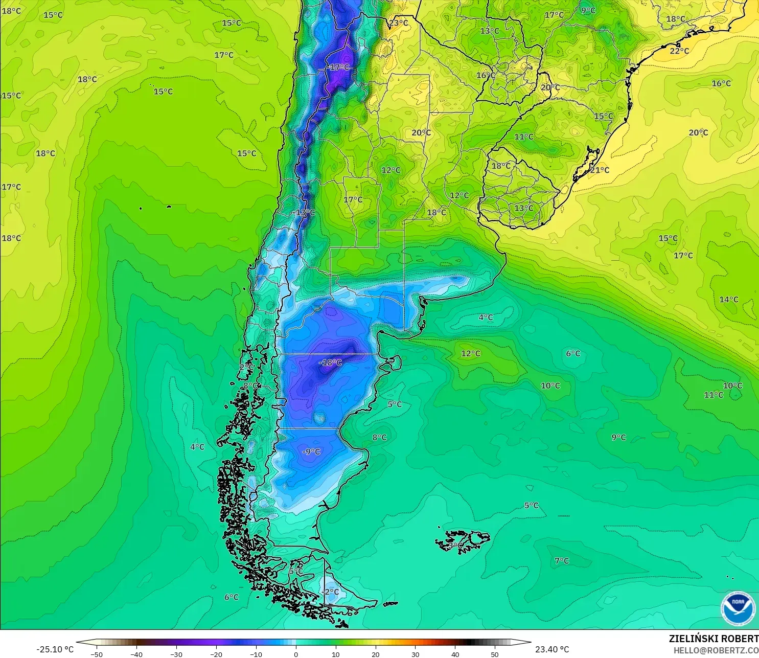 GFS model - Argentina, Dewpoint at 2m