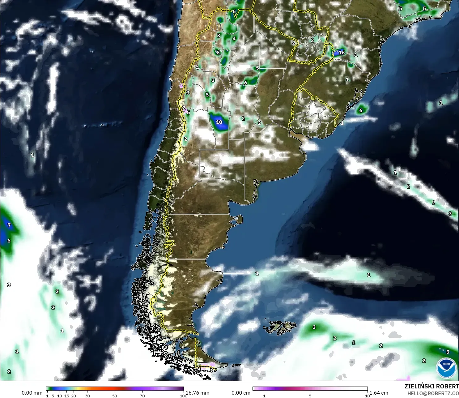 GFS model - Argentina, Precipitation, Clouds, and Pressure