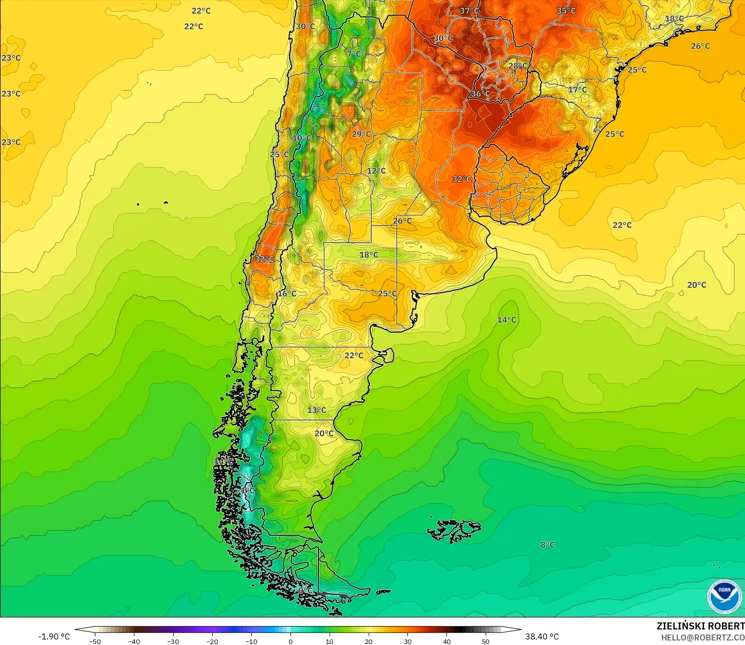 GFS model - Argentina, Temperature at 2m