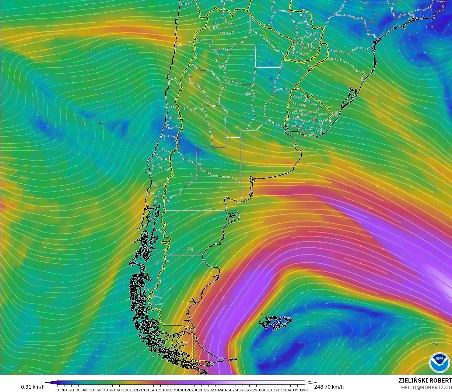 GFS model - Argentina, Wind at 300hPa (jet stream)