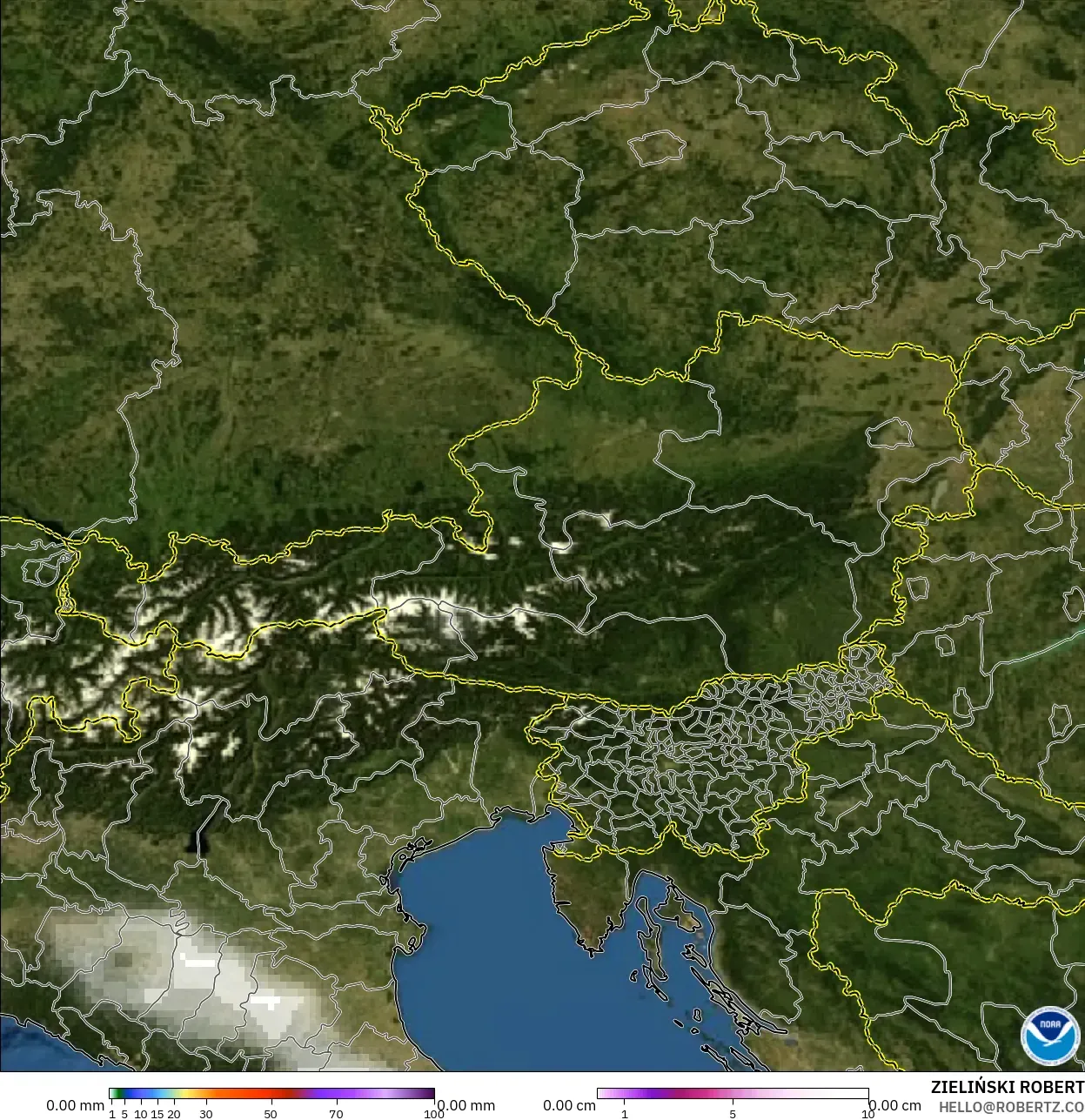 GFS model - Austria, Precipitation, Clouds, and Pressure
