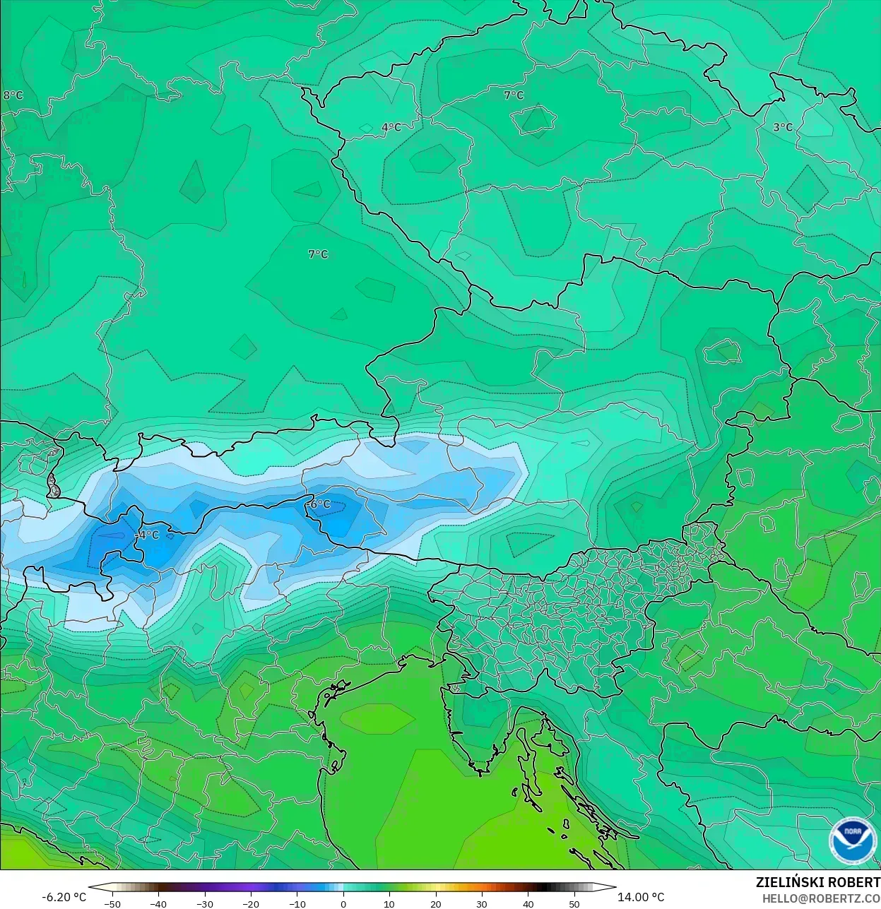 GFS model - Austria, Temperature at 2m