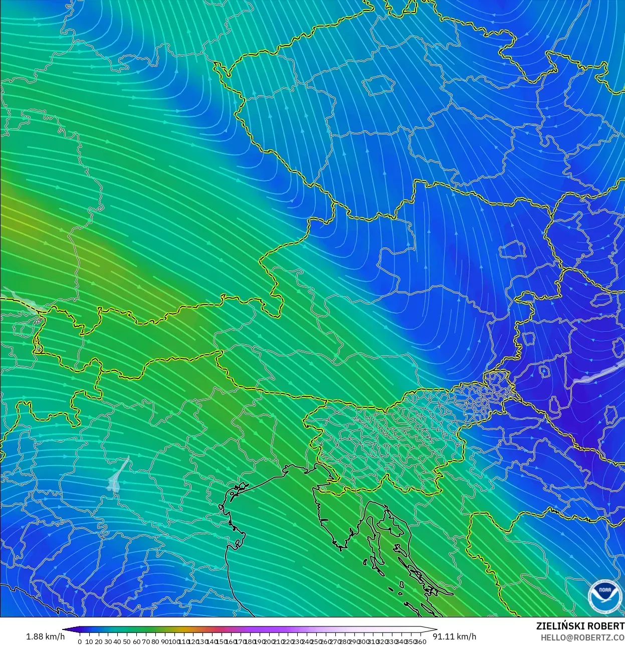 GFS model - Austria, Wind at 300hPa (jet stream)