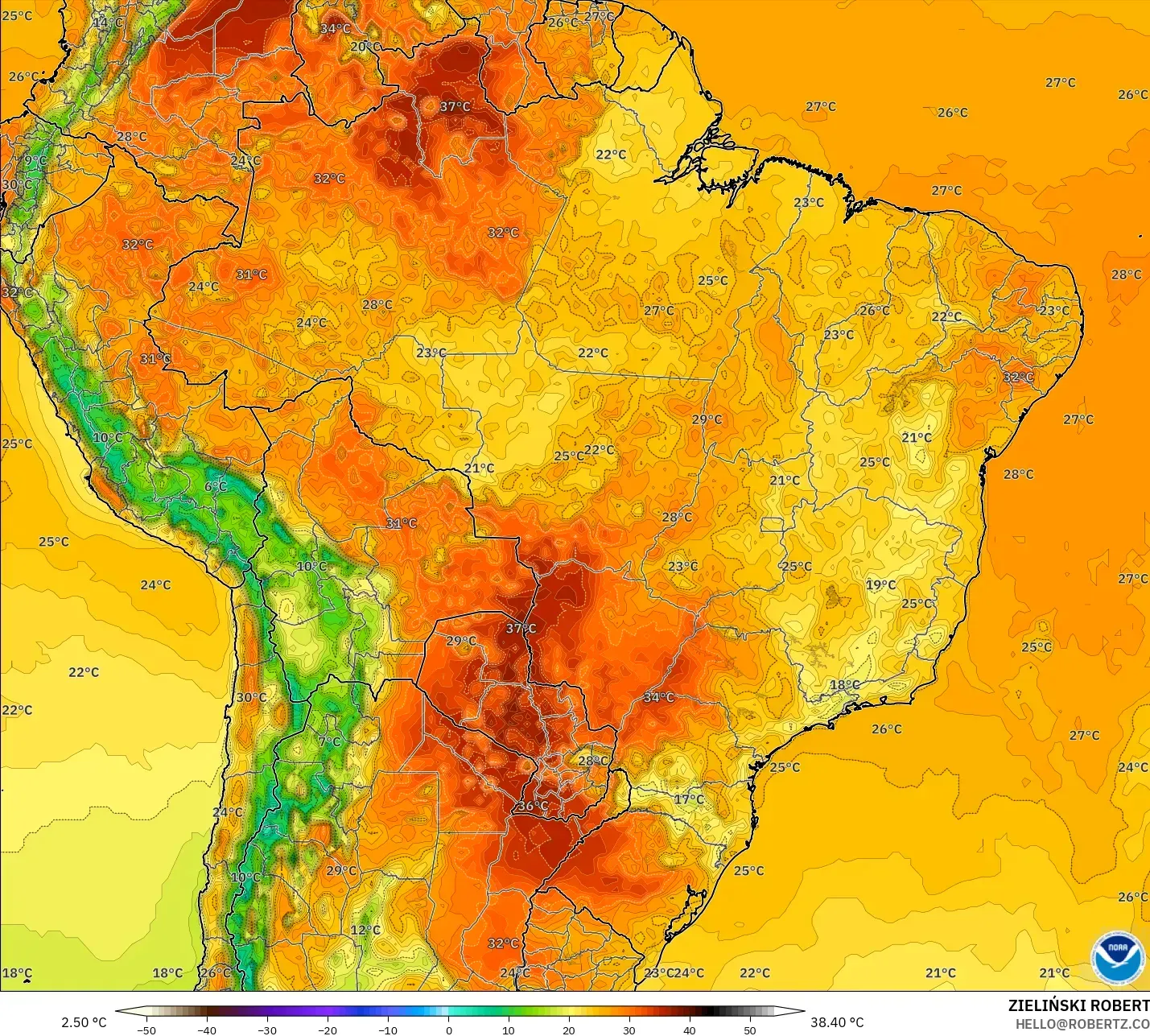 GFS model - Brazil, Temperature at 2m