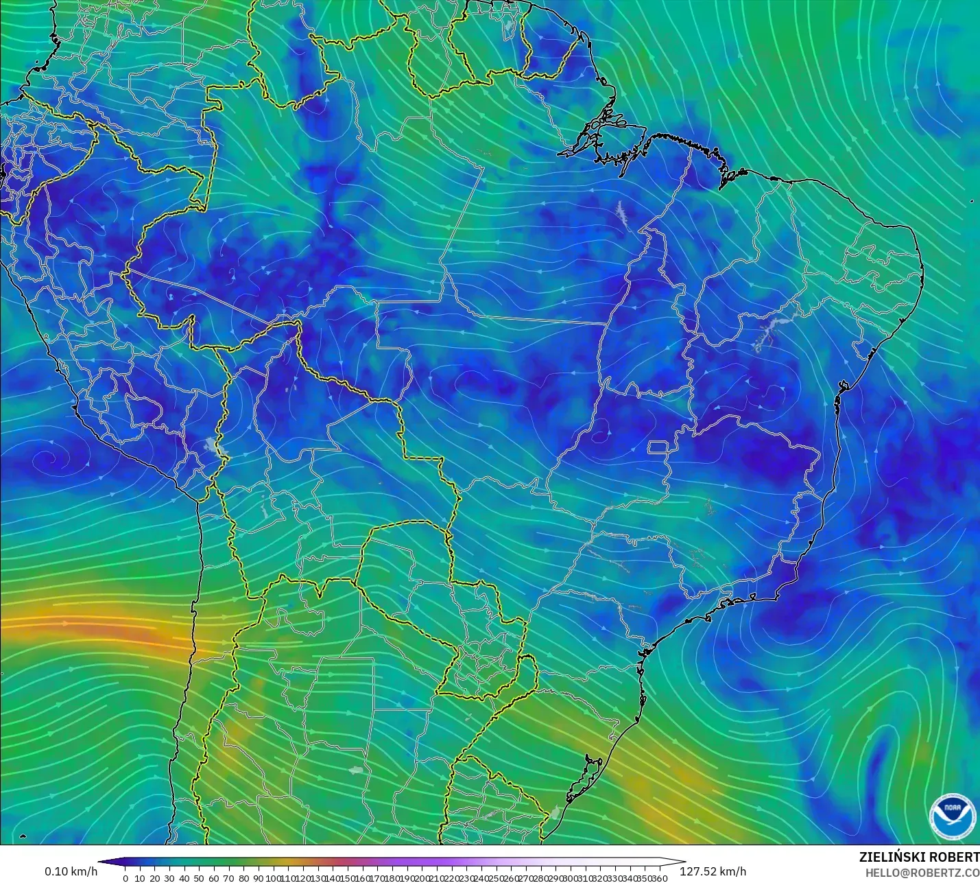 GFS model - Brazil, Wind at 300hPa (jet stream)