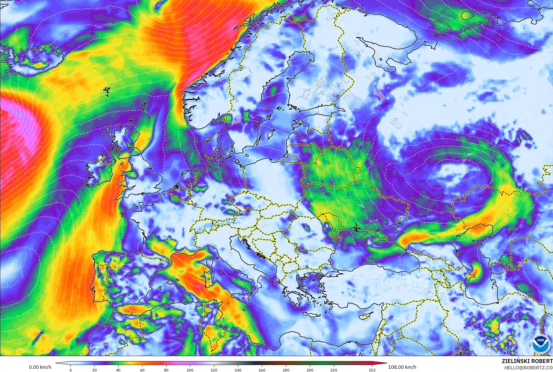 GFS model - Europe, Wind Gusts