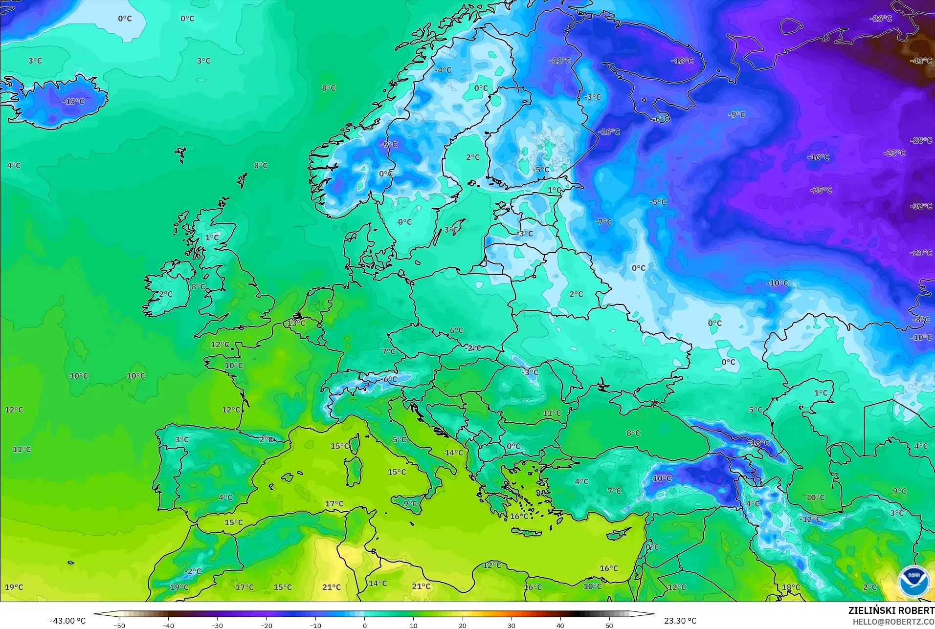 GFS model - Europe, Temperature at 2m