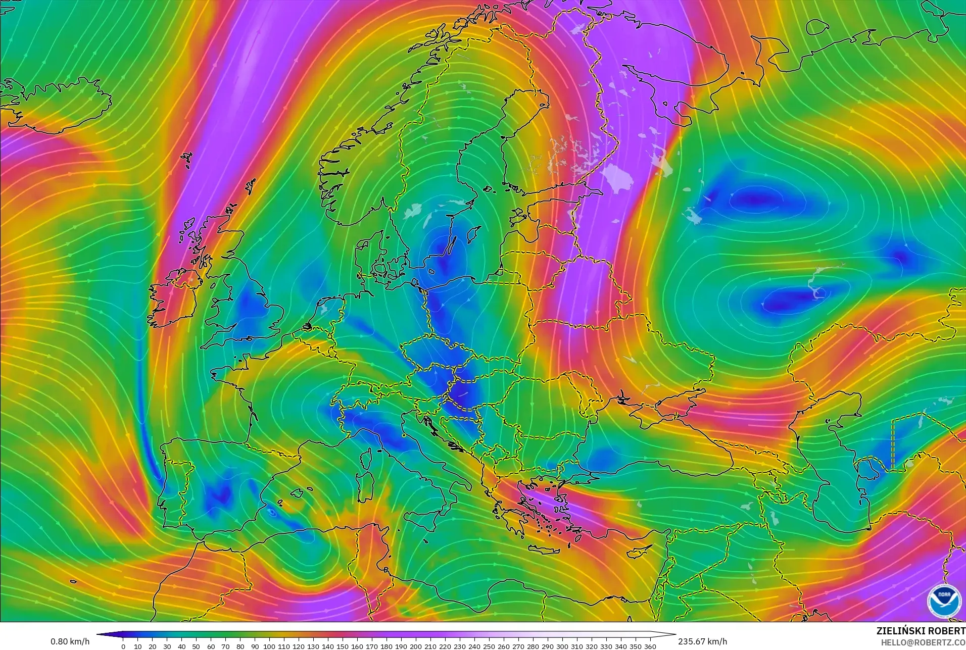 GFS model - Europe, Wind at 300hPa (jet stream)