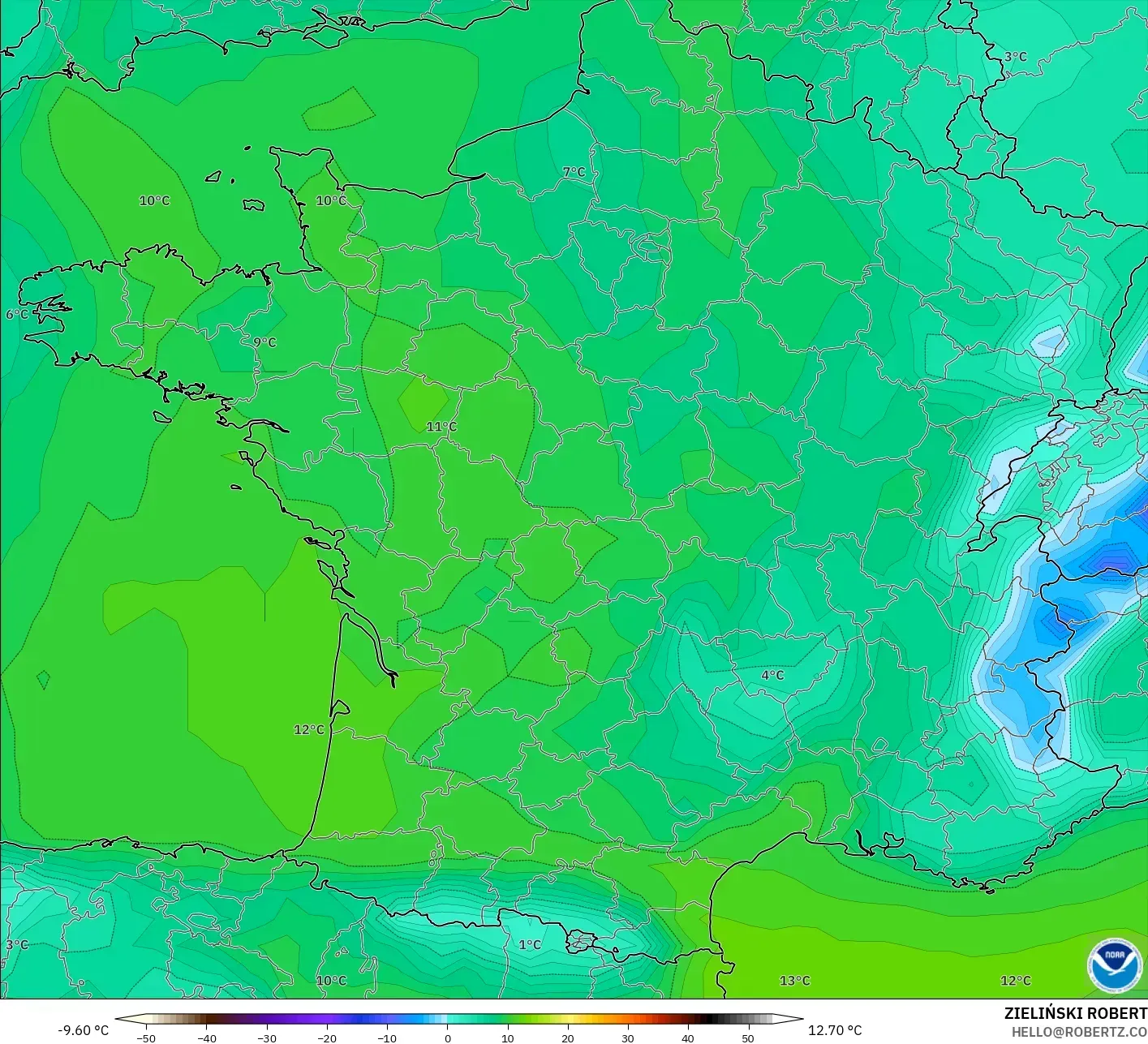 GFS model - France, Dewpoint at 2m