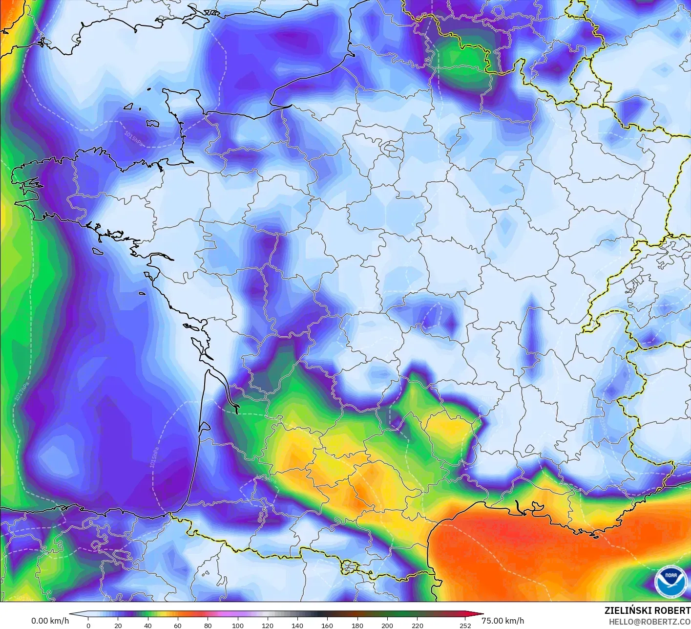 GFS model - France, Wind Gusts