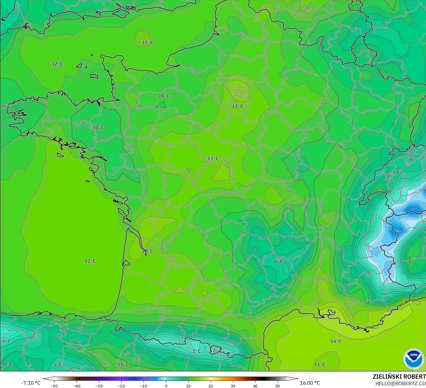GFS model - France, Temperature at 2m