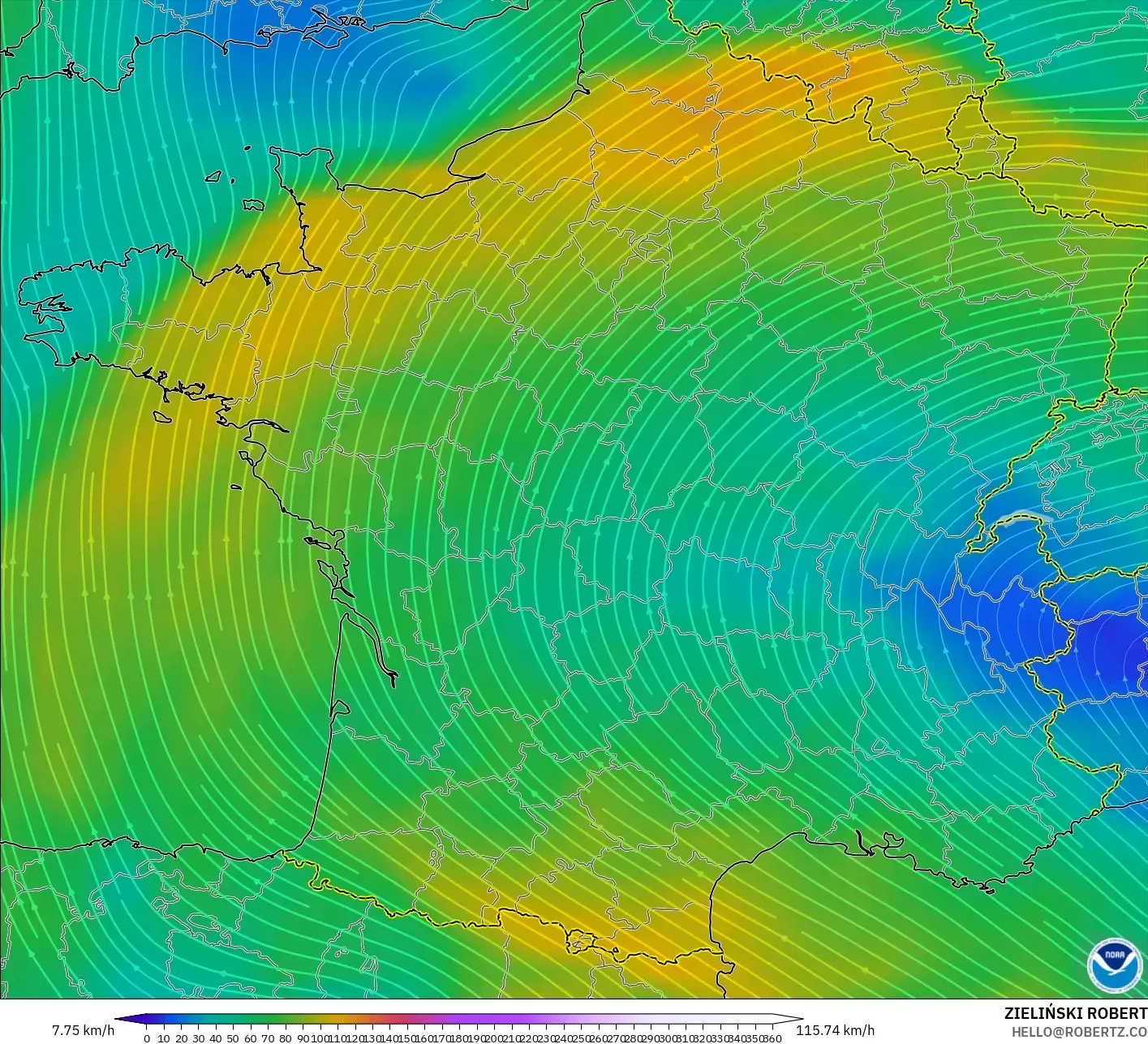 GFS model - France, Wind at 300hPa (jet stream)