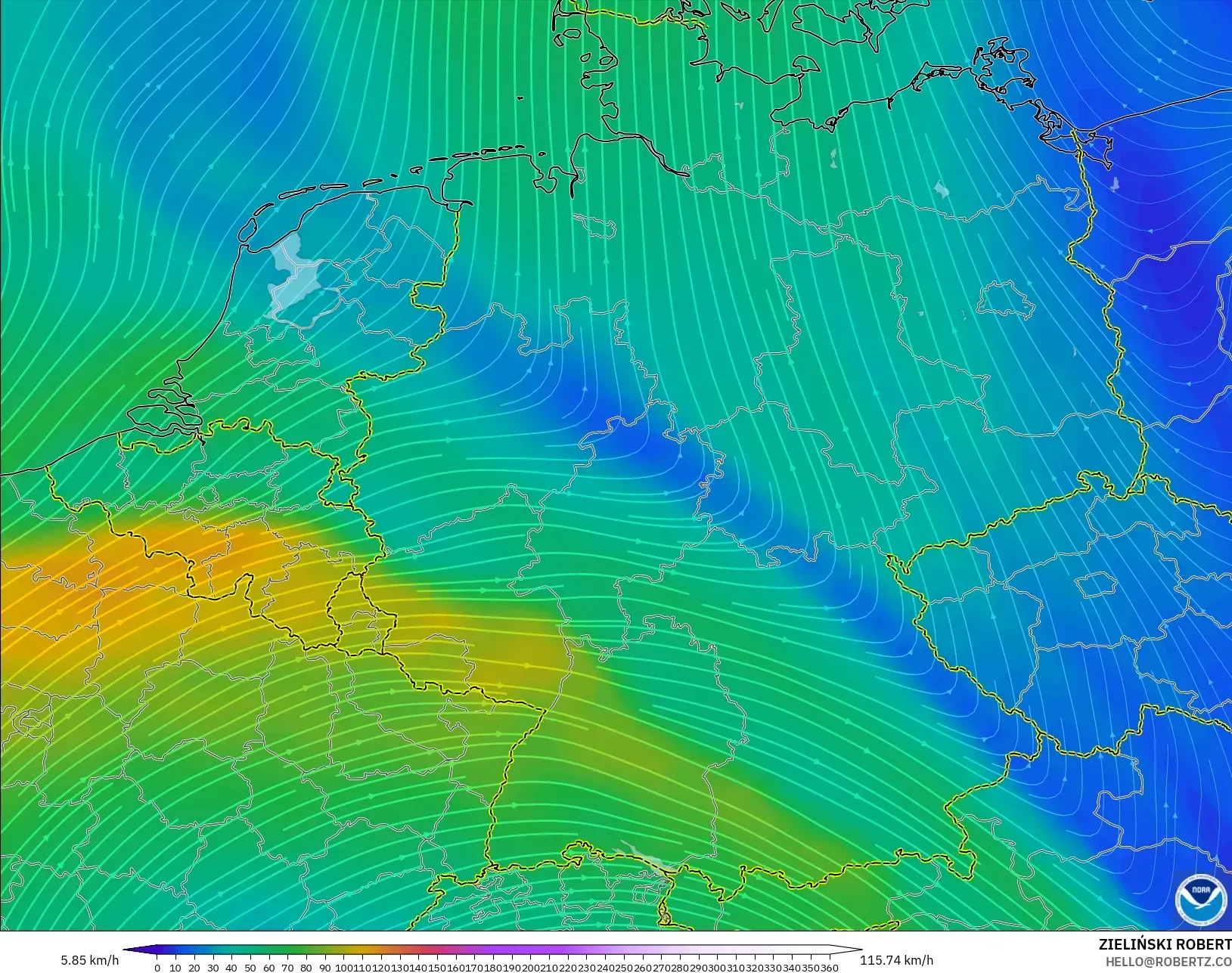 GFS model - Germany, Wind at 300hPa (jet stream)