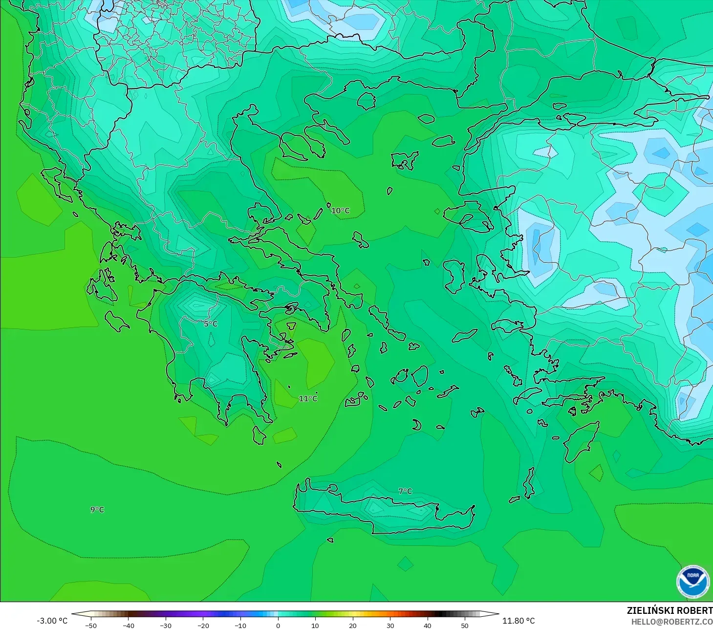 GFS model - Greece, Dewpoint at 2m
