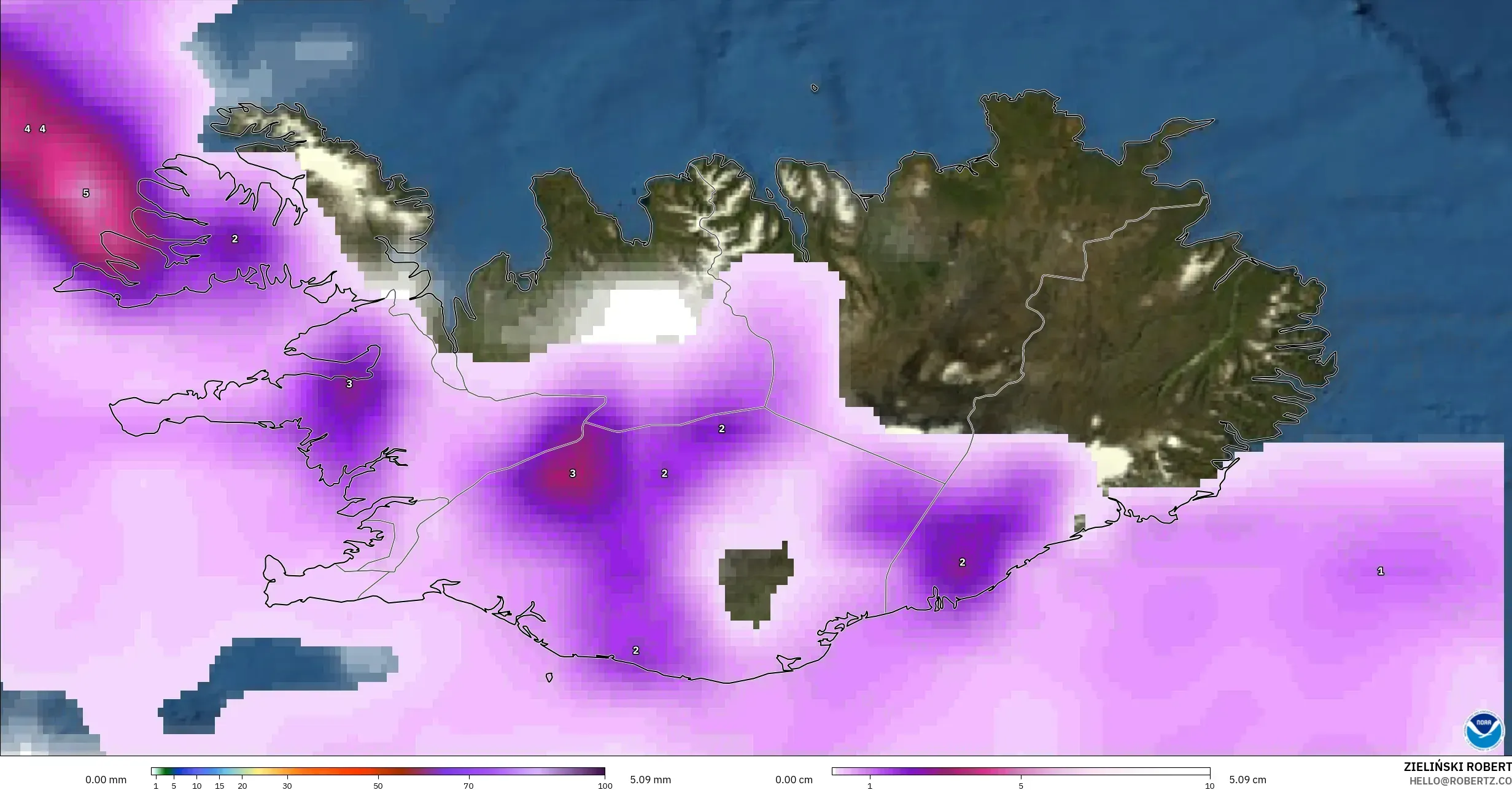 GFS model - Iceland, Precipitation, Clouds, and Pressure