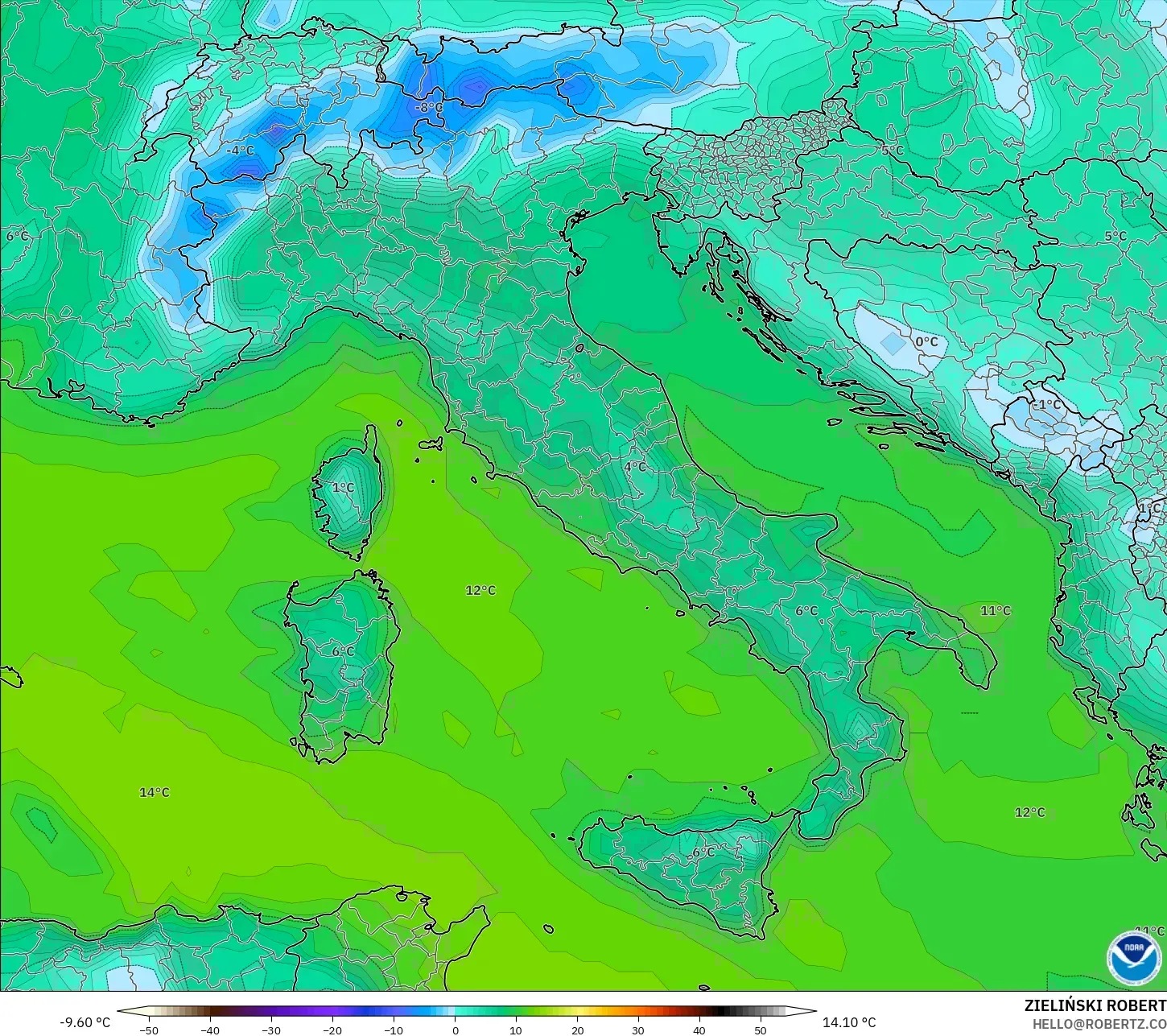 GFS model - Italy, Dewpoint at 2m