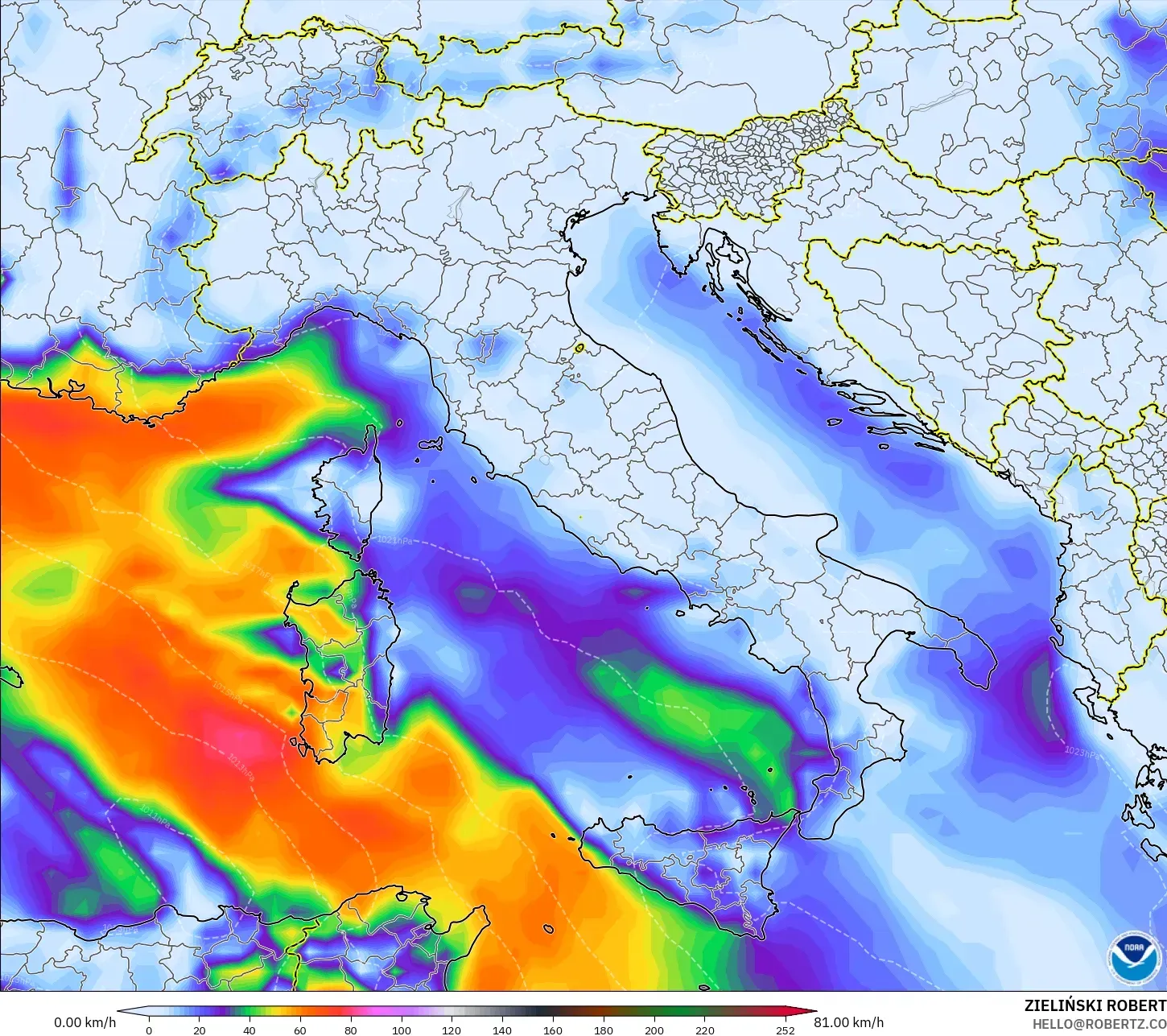 GFS model - Italy, Wind Gusts