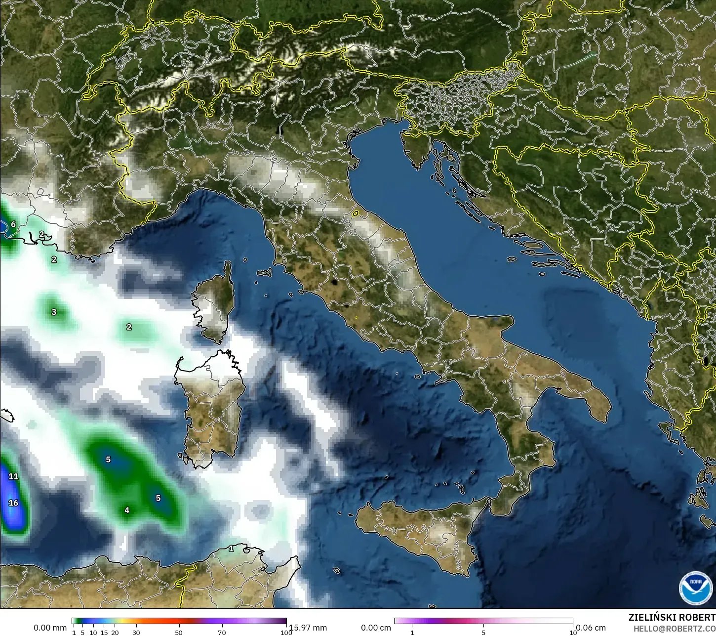 GFS model - Italy, Precipitation, Clouds, and Pressure