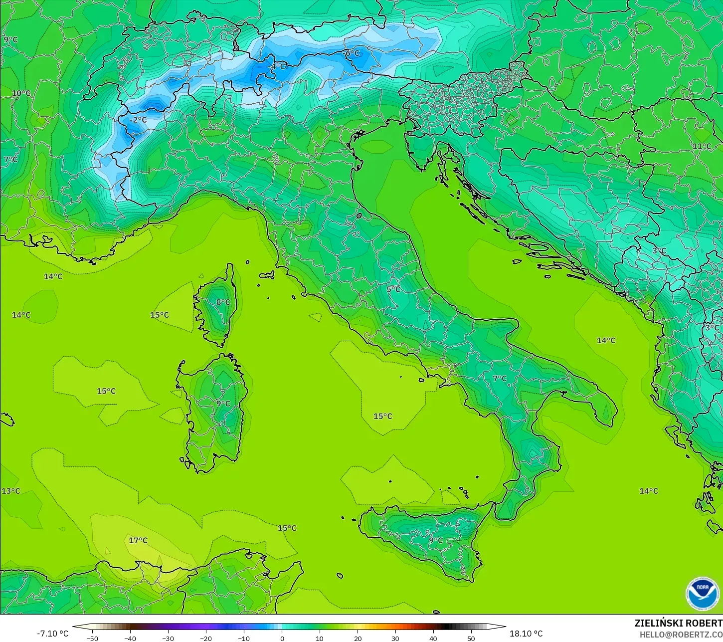 GFS model - Italy, Temperature at 2m