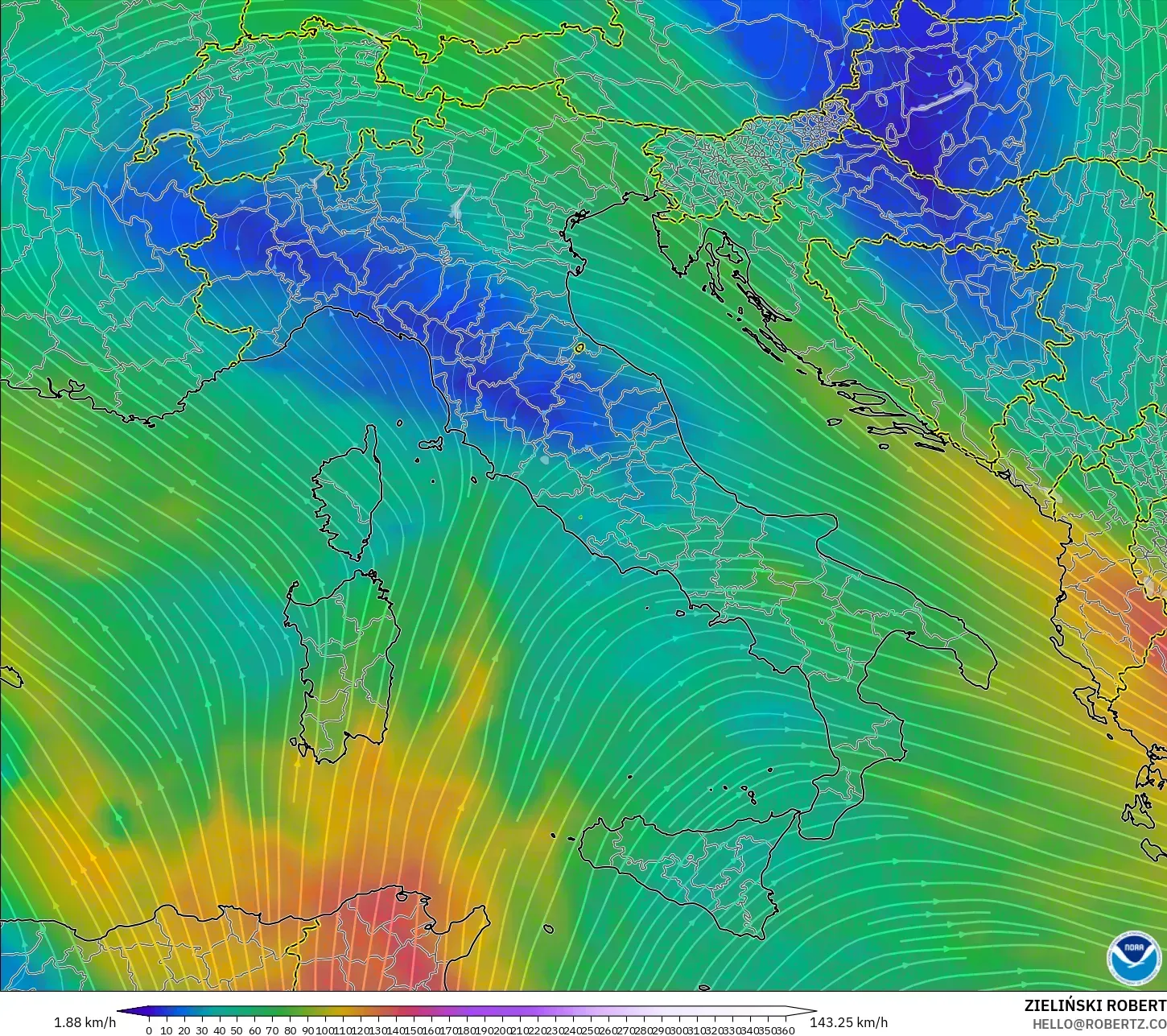 GFS model - Italy, Wind at 300hPa (jet stream)