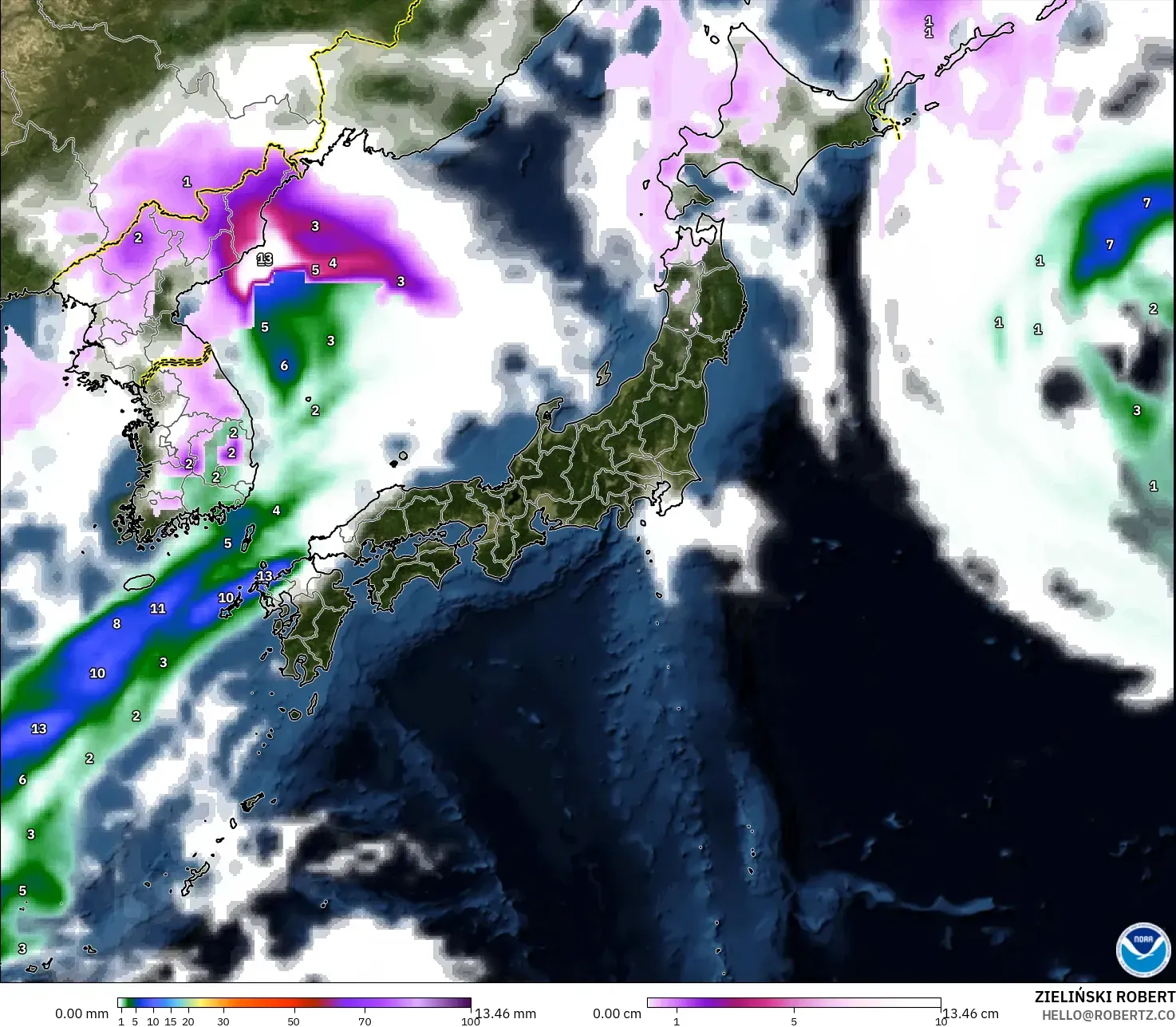 GFS model - Japan, Precipitation, Clouds, and Pressure