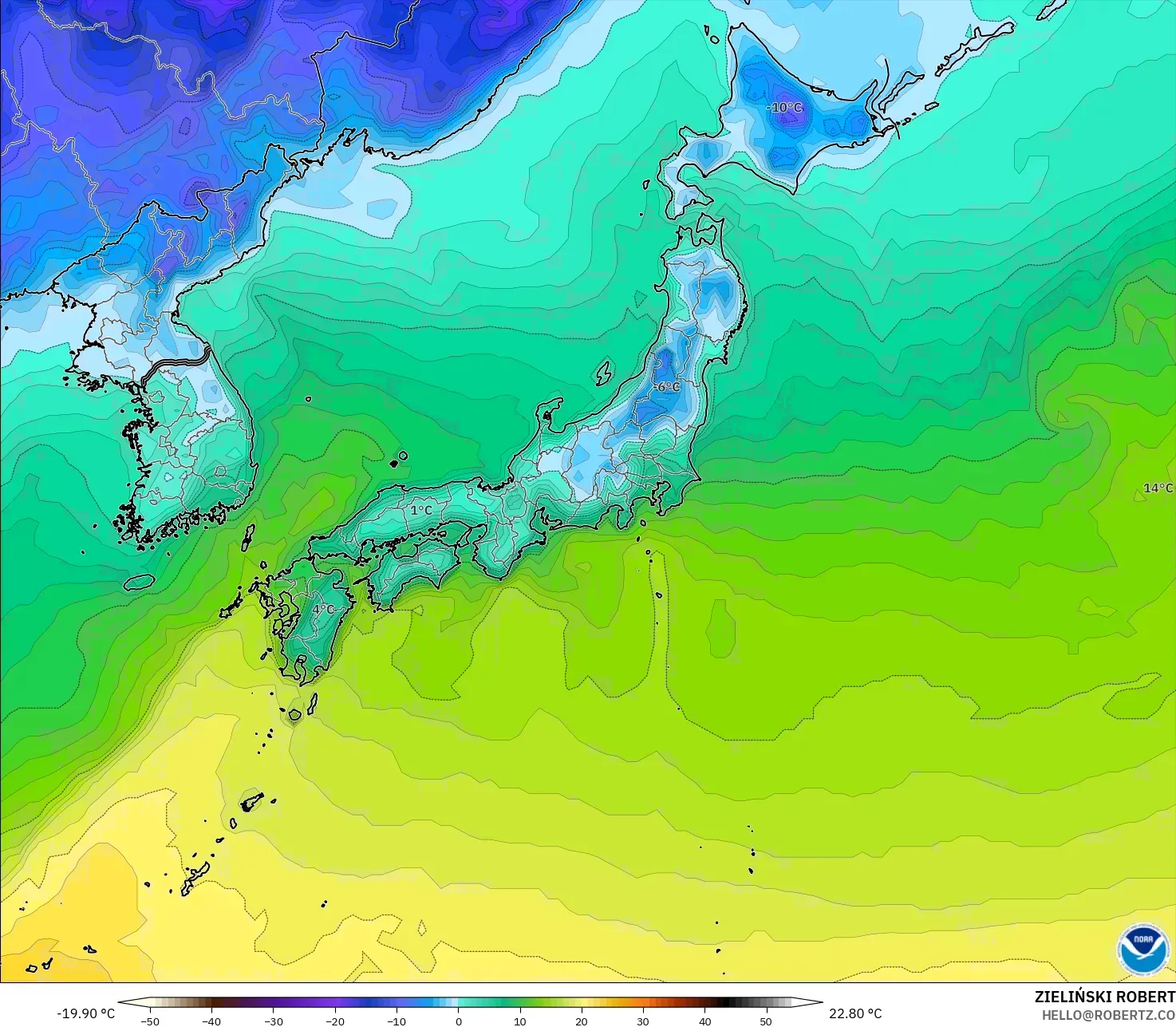 GFS model - Japan, Temperature at 2m