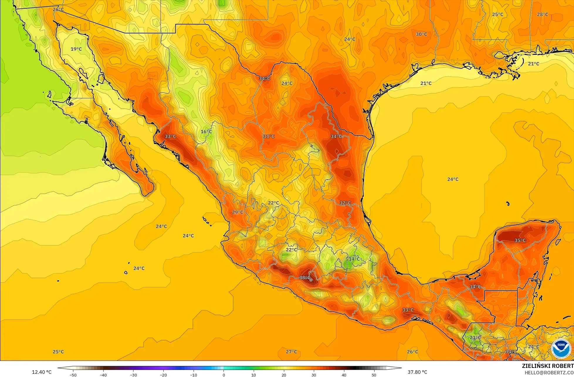 GFS model - Mexico, Temperature at 2m