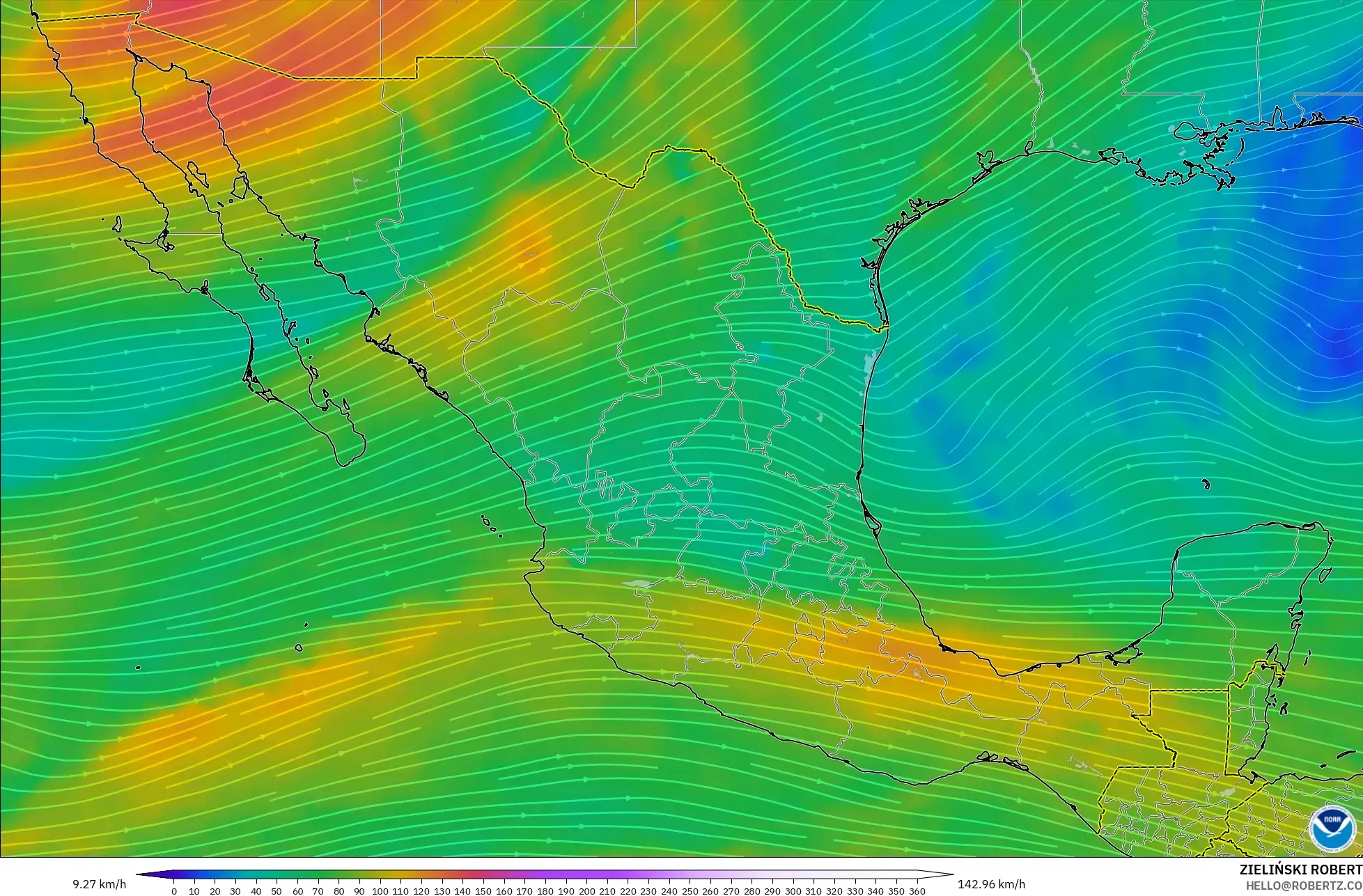 GFS model - Mexico, Wind at 300hPa (jet stream)