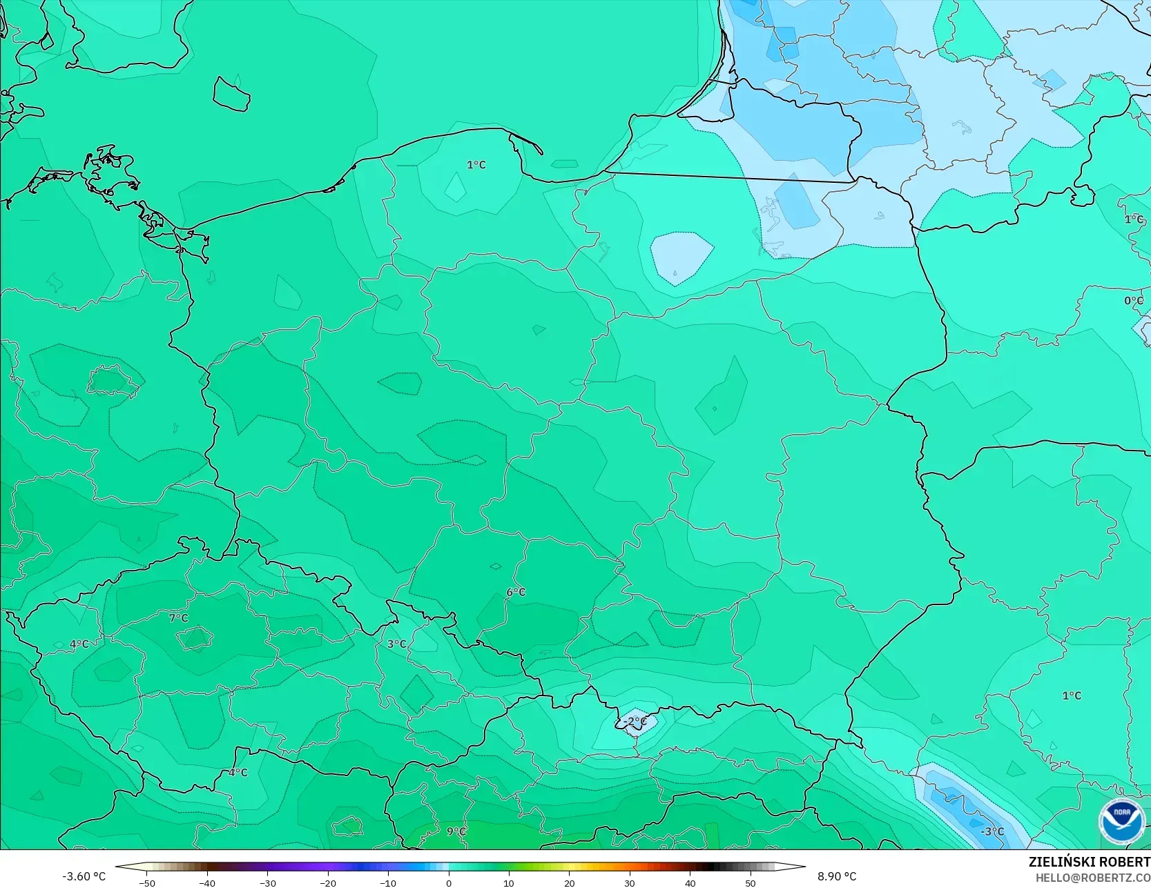 GFS model - Poland, Temperature at 2m