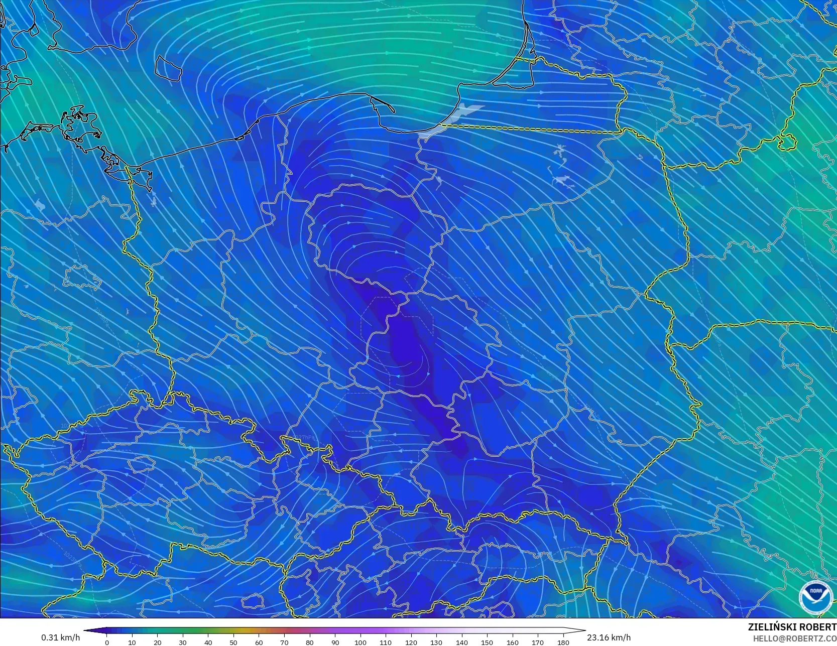 GFS model - Poland, Wind at 10m
