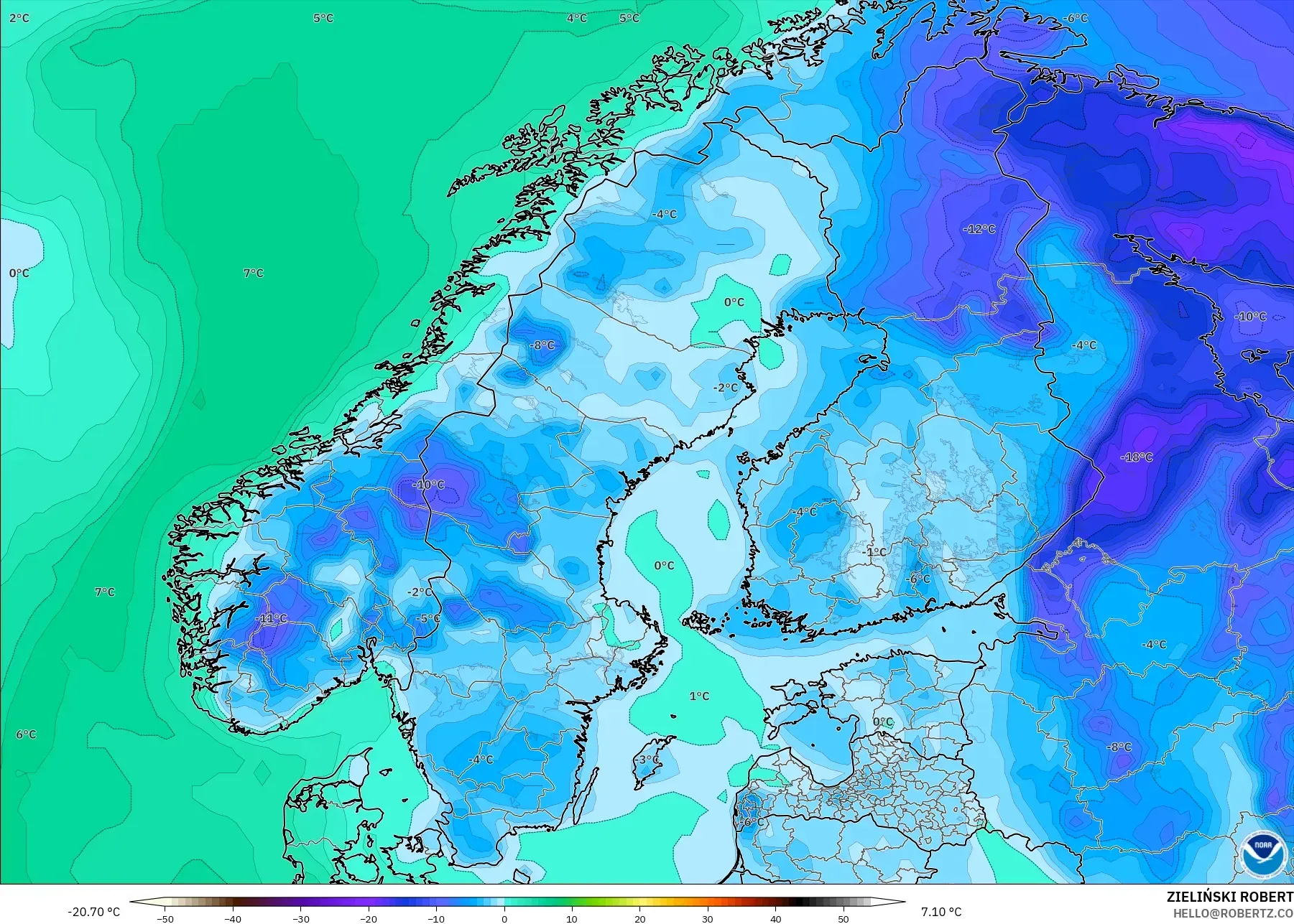 GFS model - Scandinavia, Dewpoint at 2m