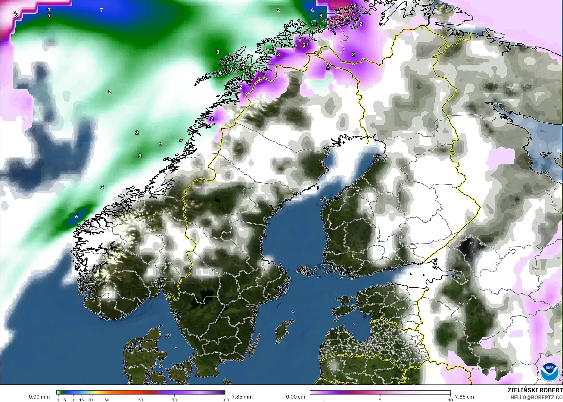 GFS model - Scandinavia, Precipitation, Clouds, and Pressure